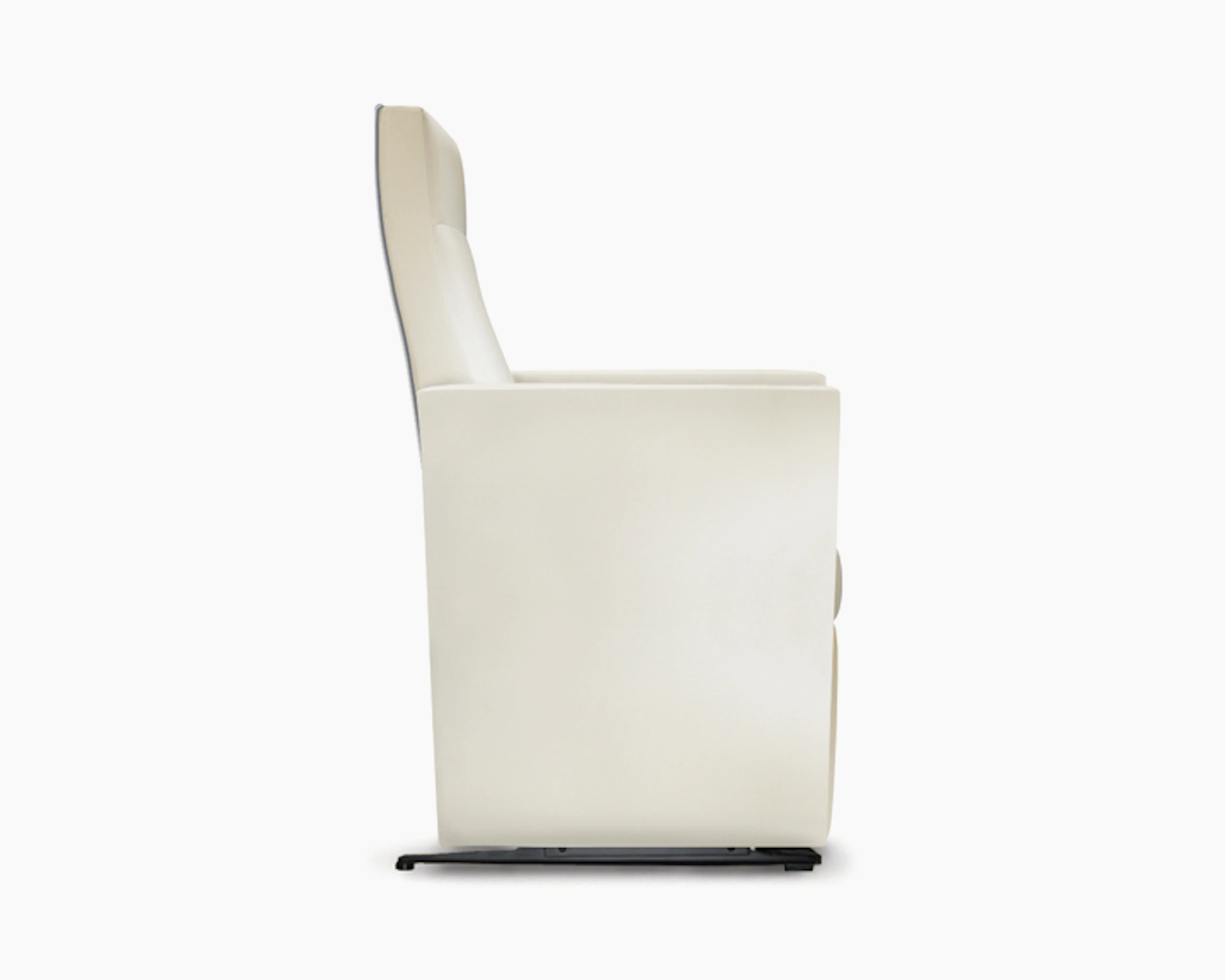 A side view of a Brava Glider with high back in white textile with fully upholstered arms.