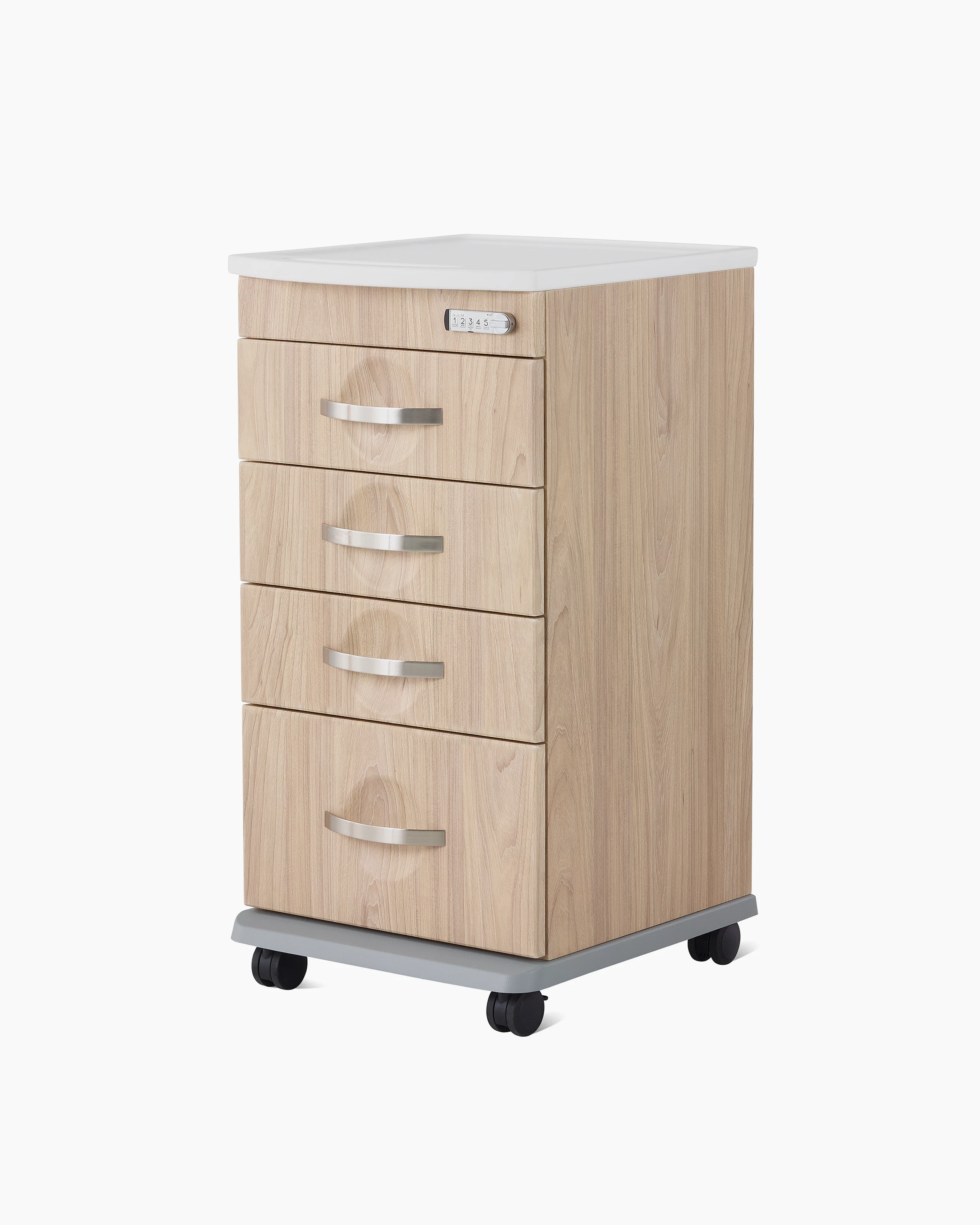 Three-quarter, front view of a Compass casework 4-drawer supply cart in a warm elm finish.