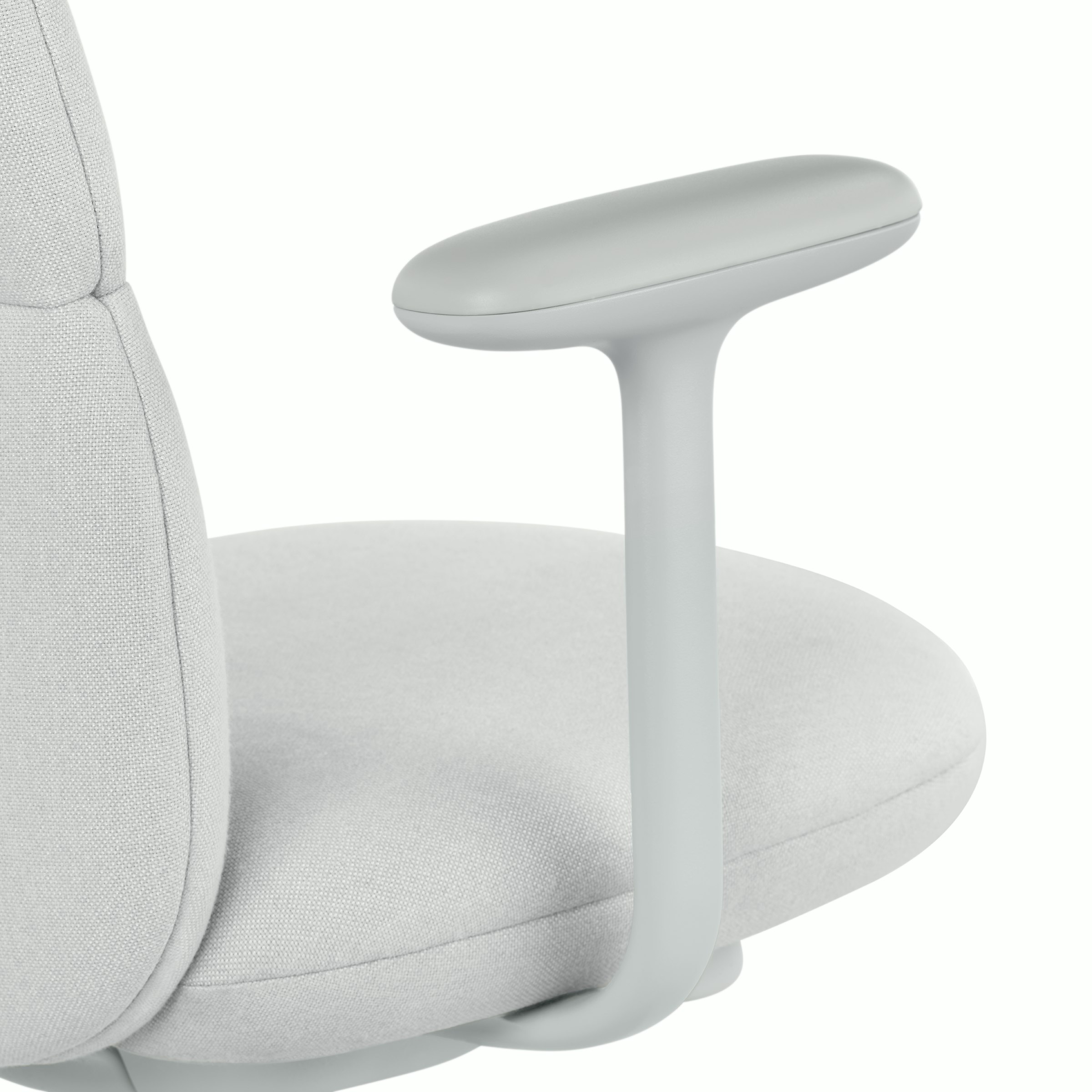 Detail view of an Asari chair by Herman Miller in light grey with fixed arms.