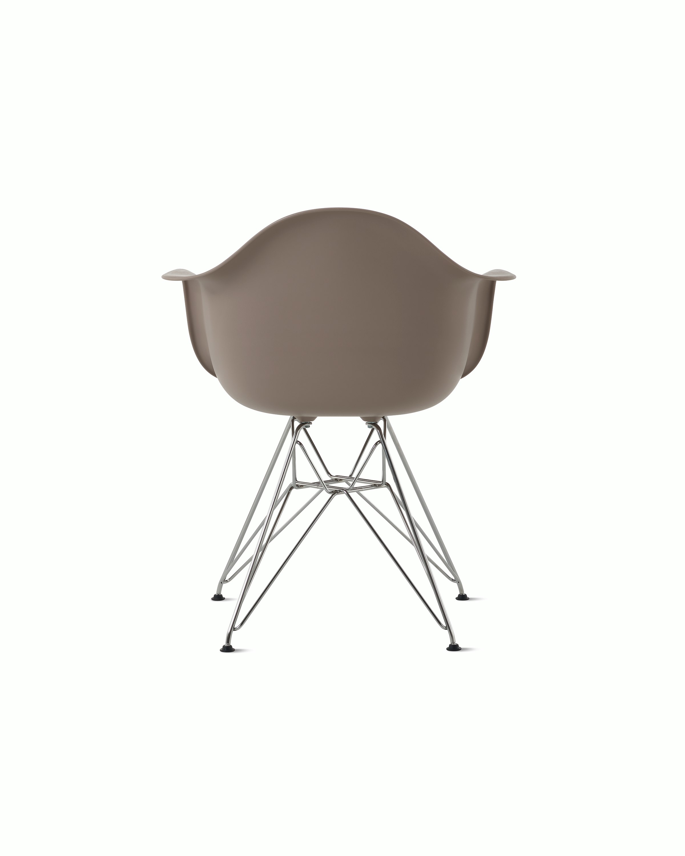 Back of cocoa plastic shell chair with wire base legs.