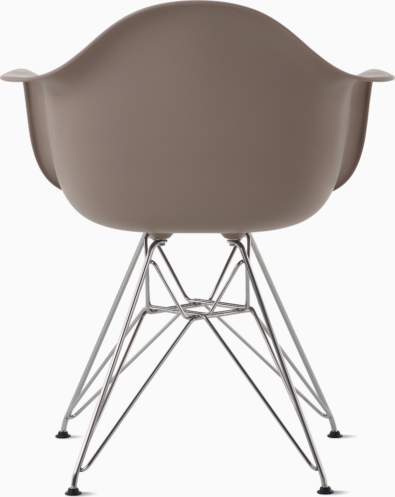 Back of cocoa plastic shell chair with wire base legs.