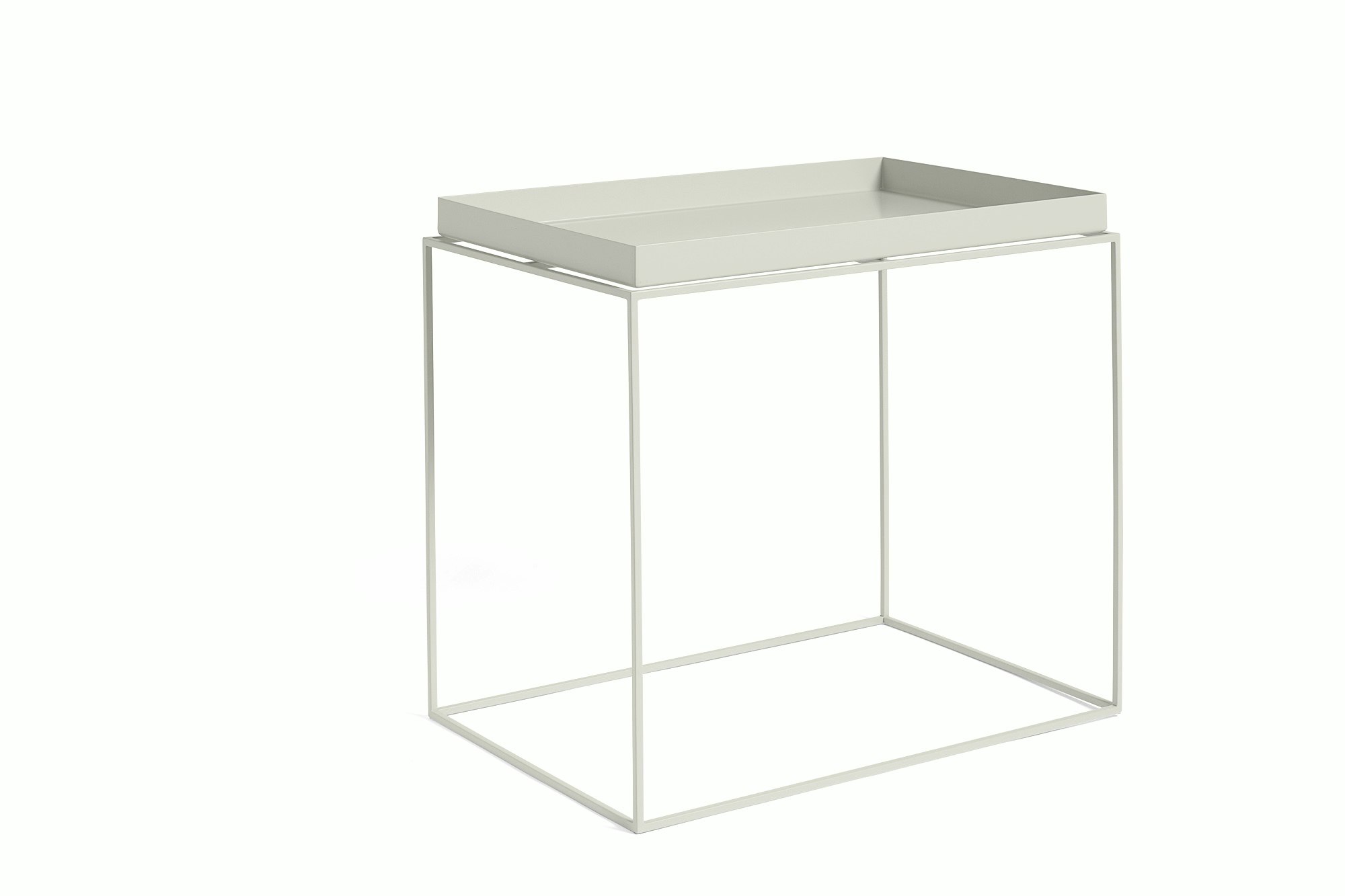 Warm grey, rectangle Tray Side Table, viewed at an angle.