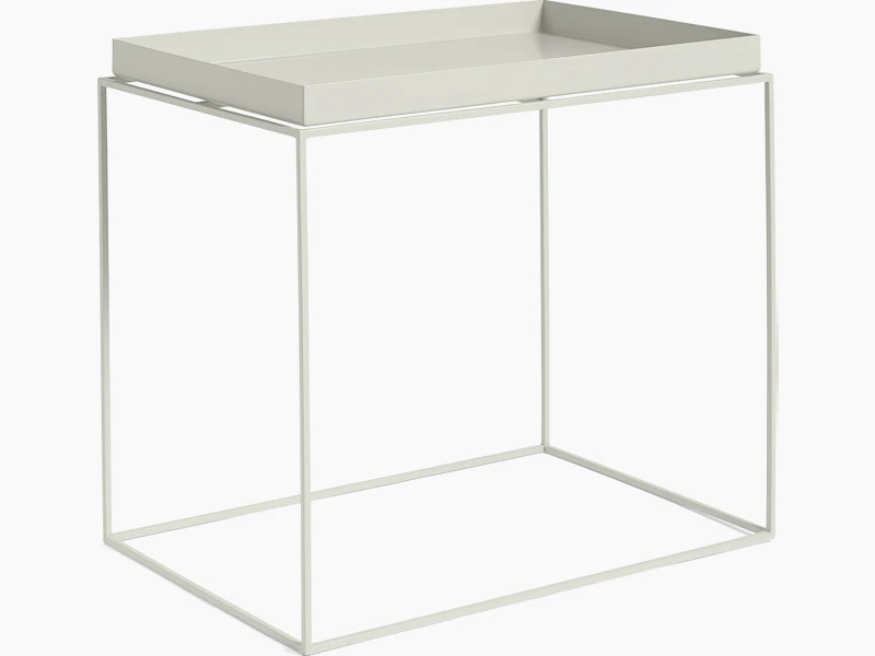 Warm grey, rectangle Tray Side Table, viewed at an angle.