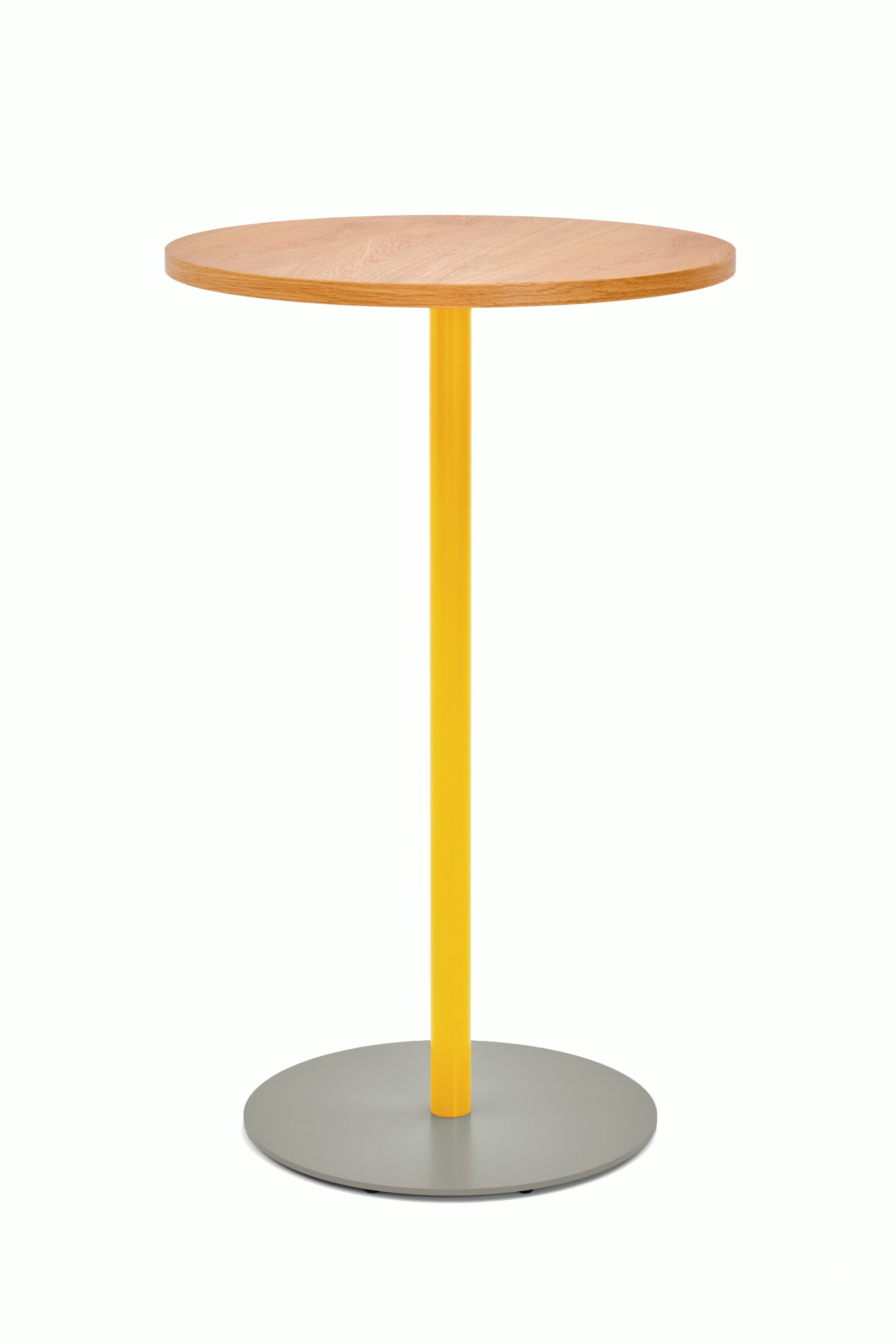 Front view of a round bar height Tier table with Oak veneer top, Broom Yellow stem and Stone Grey base.