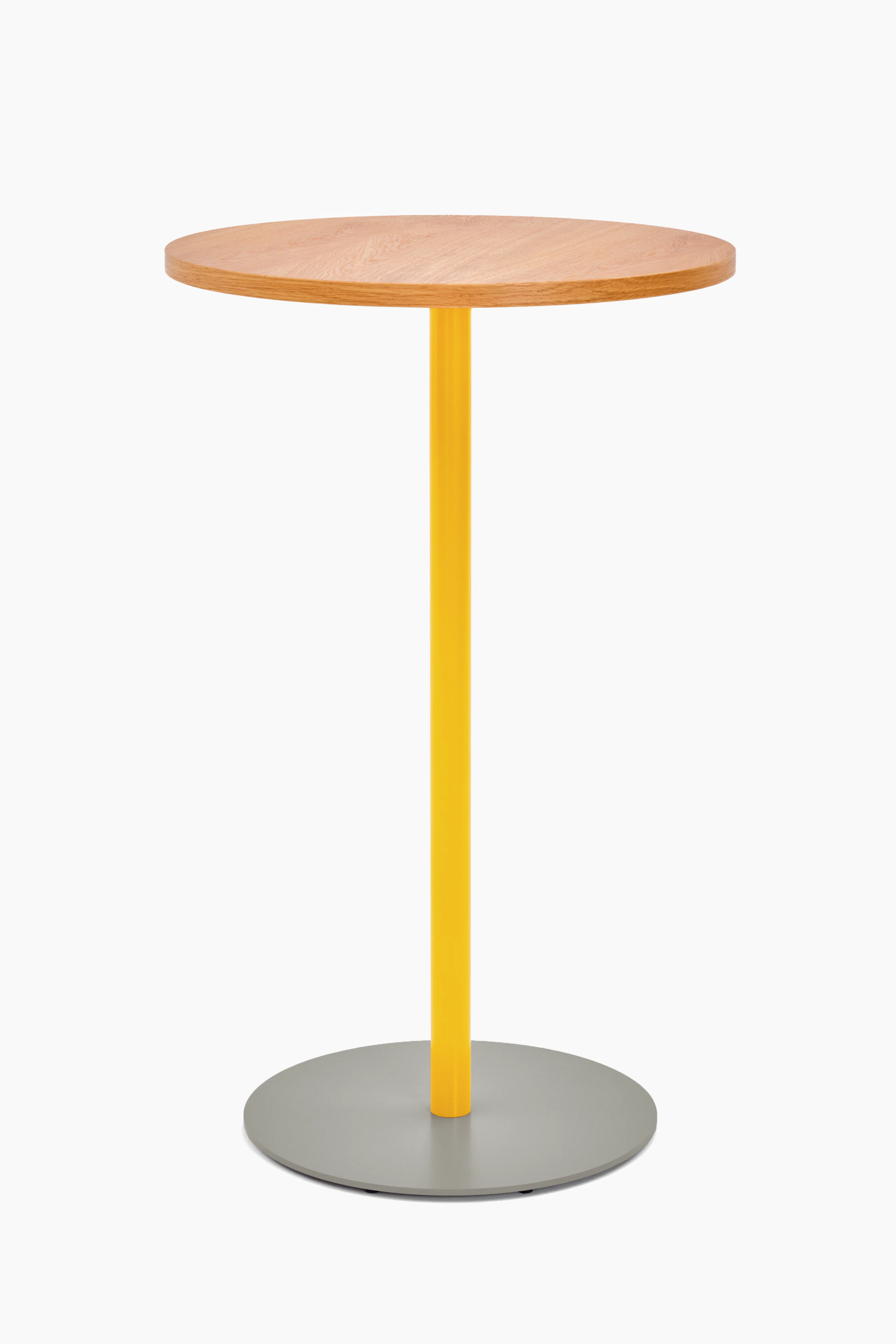 Front view of a round bar height Tier table with Oak veneer top, Broom Yellow stem and Stone Grey base.