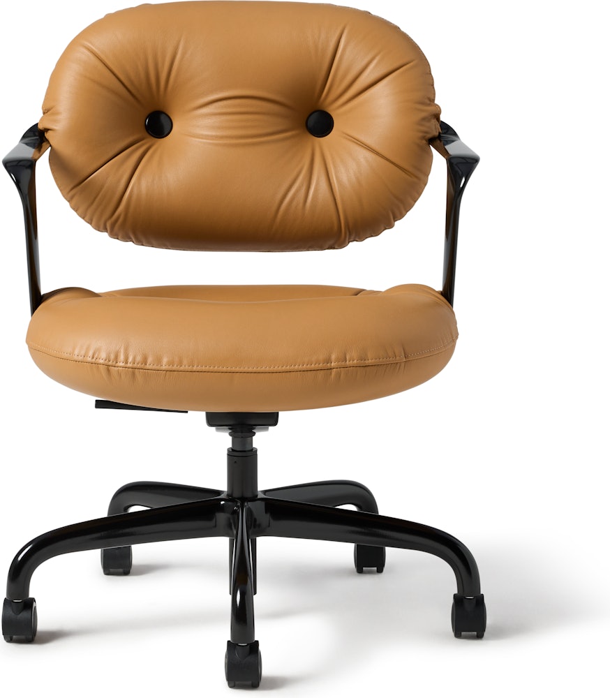 Front view of a Morrison Hannah chair with a black frame and base with fixed arms and light brown leather upholstery.