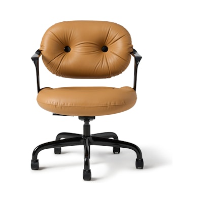 Front view of a Morrison Hannah chair with a black frame and base with fixed arms and light brown leather upholstery. Front view of a Morrison Hannah chair with a black frame and base with fixed arms and light brown leather upholstery.