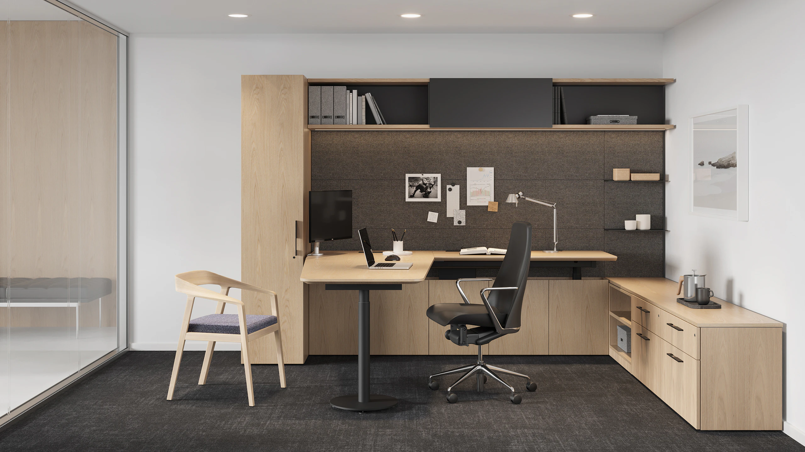 Geiger One Private Office in natural Oak with Taper and Full Twist seating.