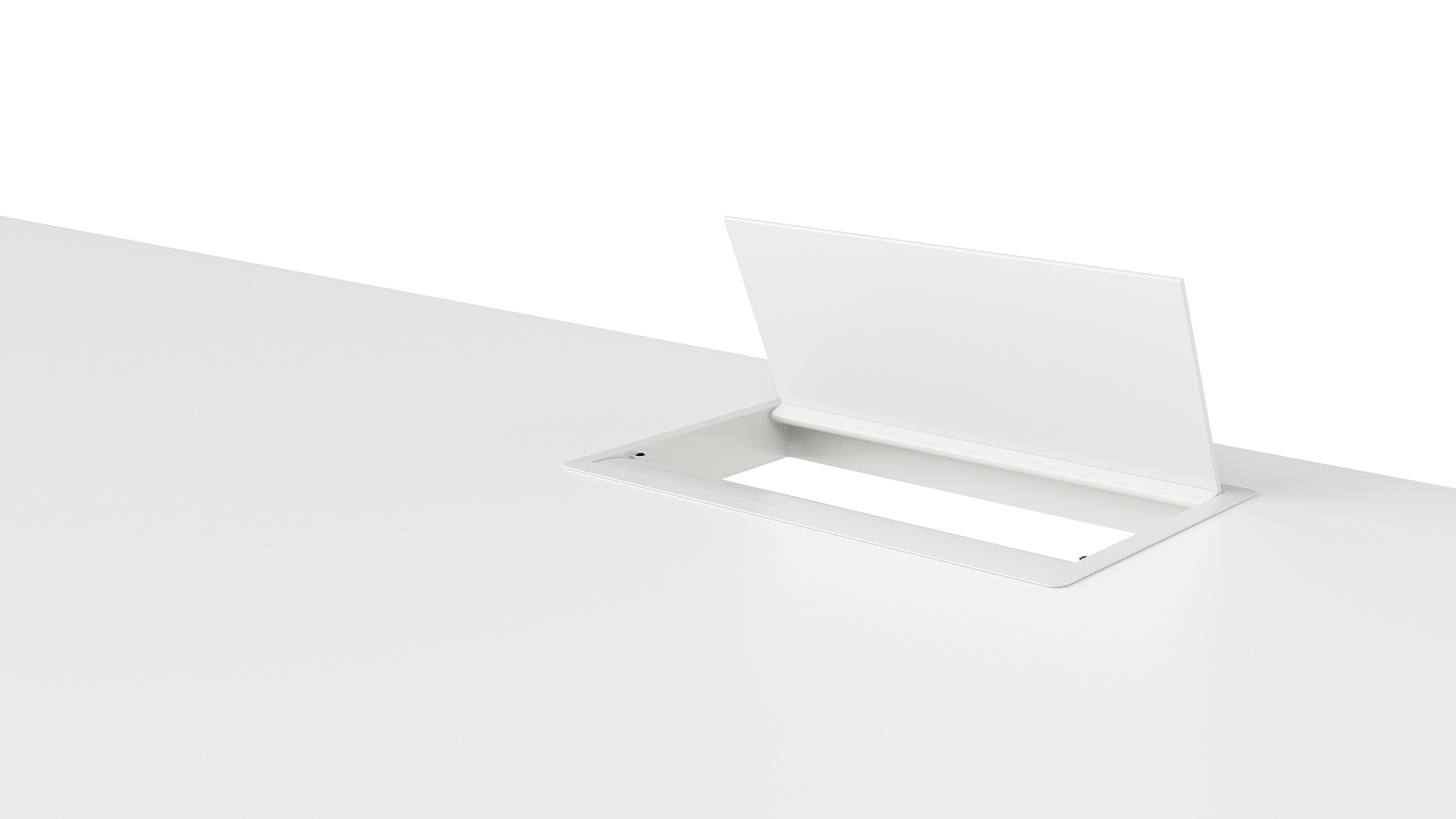 An open, white, desktop pop-up power port.