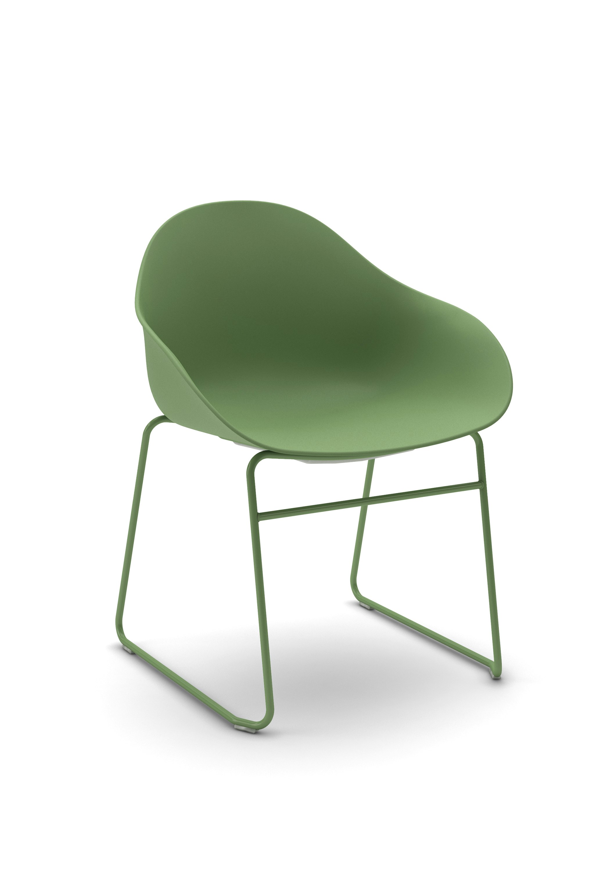 White sweep view of a green polypropylene chair shell on matching sled base.