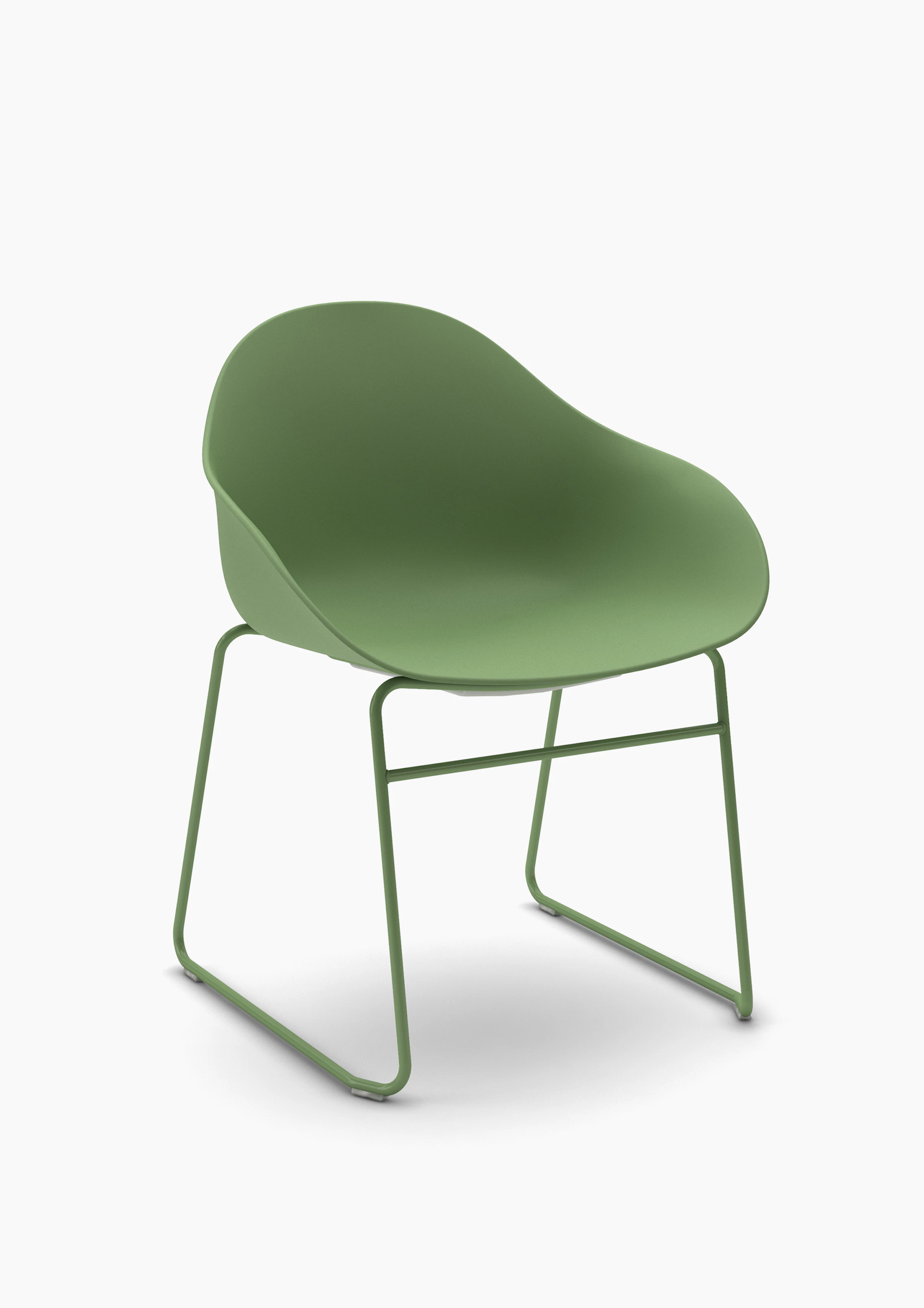 White sweep view of a green polypropylene chair shell on matching sled base.