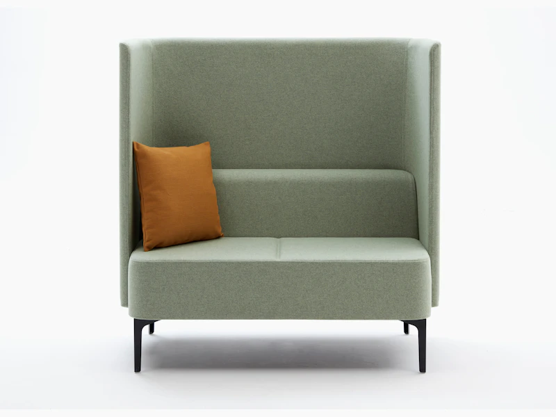Front view of 2 seat highback Pullman Sofa upholstered in pale green fabric with cushion and black steel legs.
