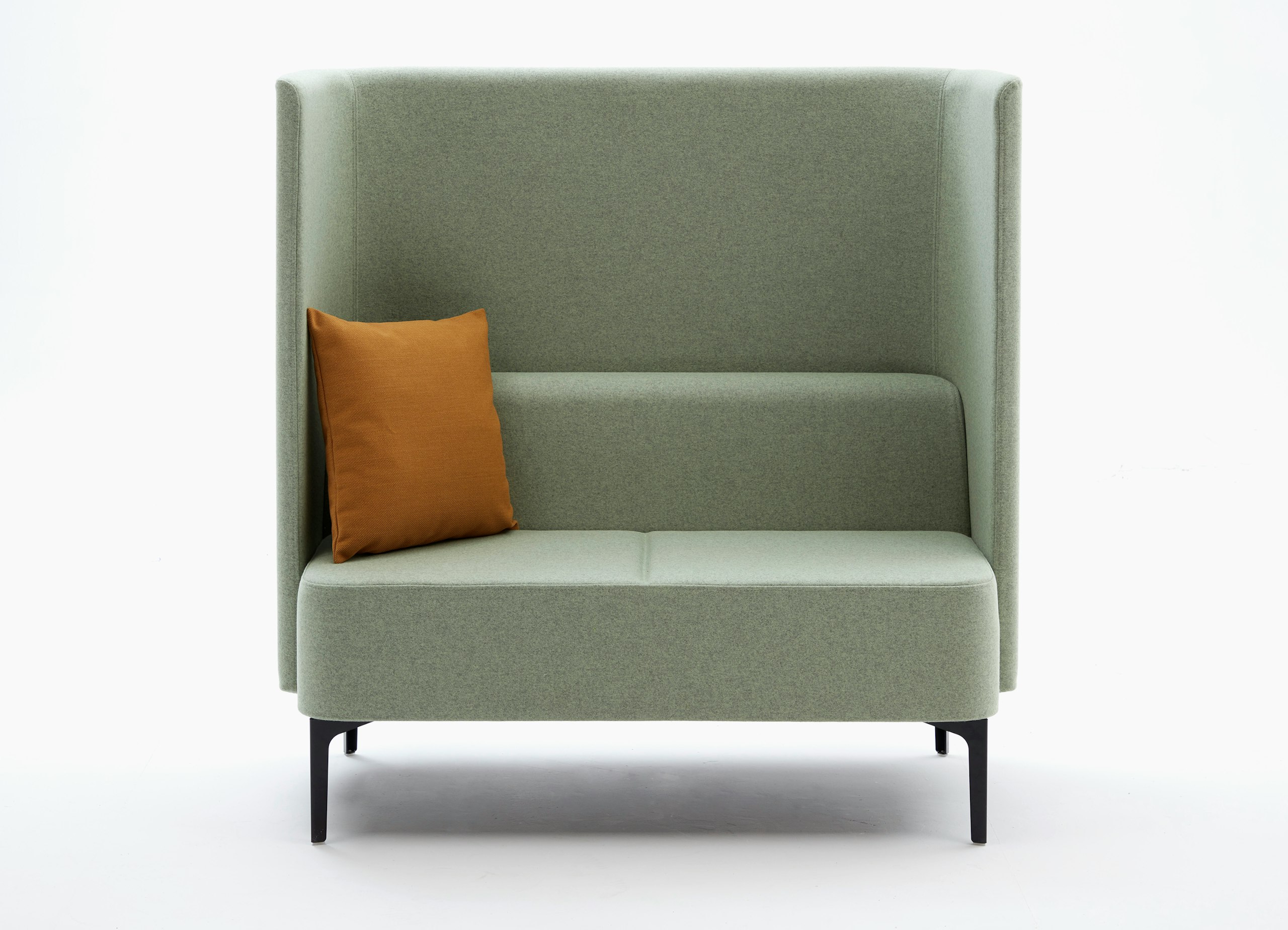 Front view of 2 seat highback Pullman Sofa upholstered in pale green fabric with cushion and black steel legs.