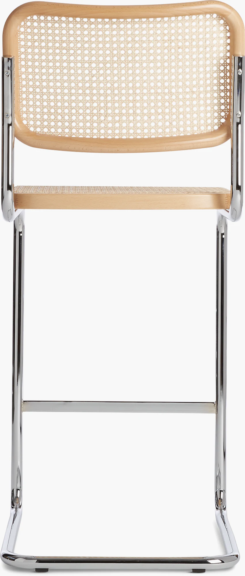 Cesca bar stool rear view showing woven back panel and chrome frame.