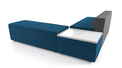 k. lounge in blue and gray, specified with a cut out for power access.