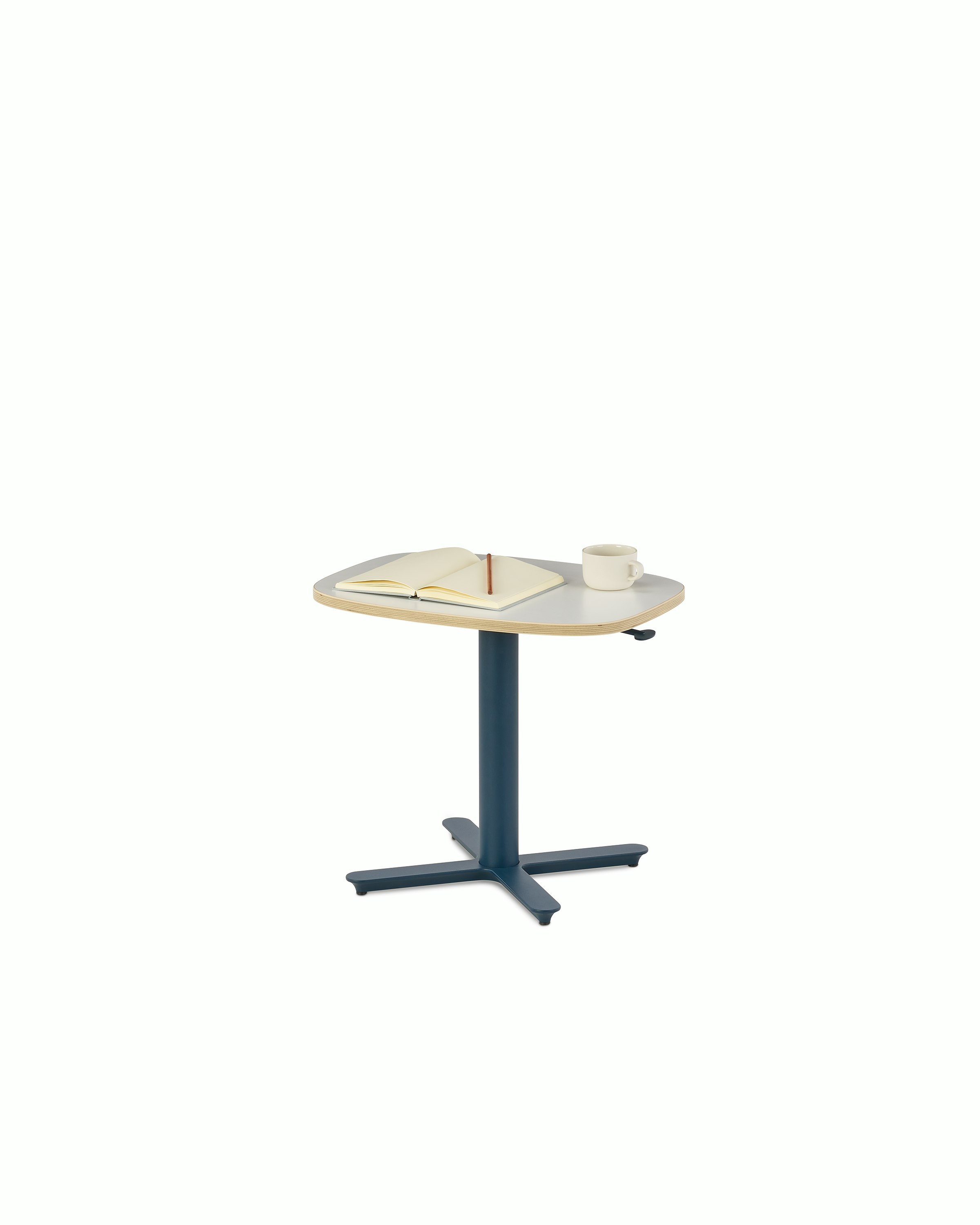 Small Passport Work Table with white surface, plywood edge and dark blue base shown on glides.