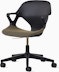Front angle view of a black Zeph chair with fixed arms and a brownseat pad.