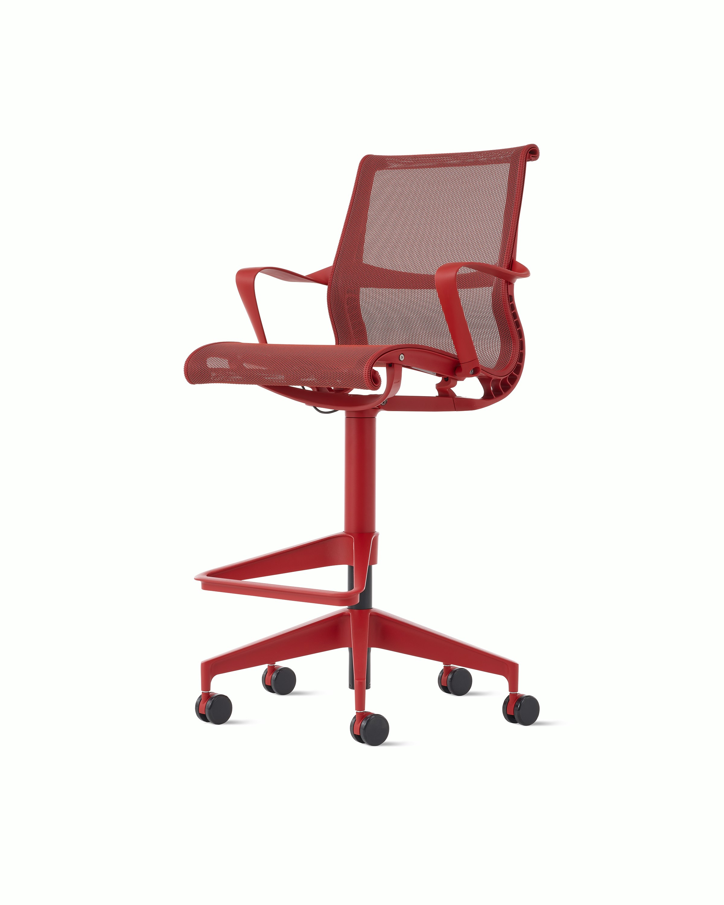 Front angle view of a Setu stool with fixed arms in red.