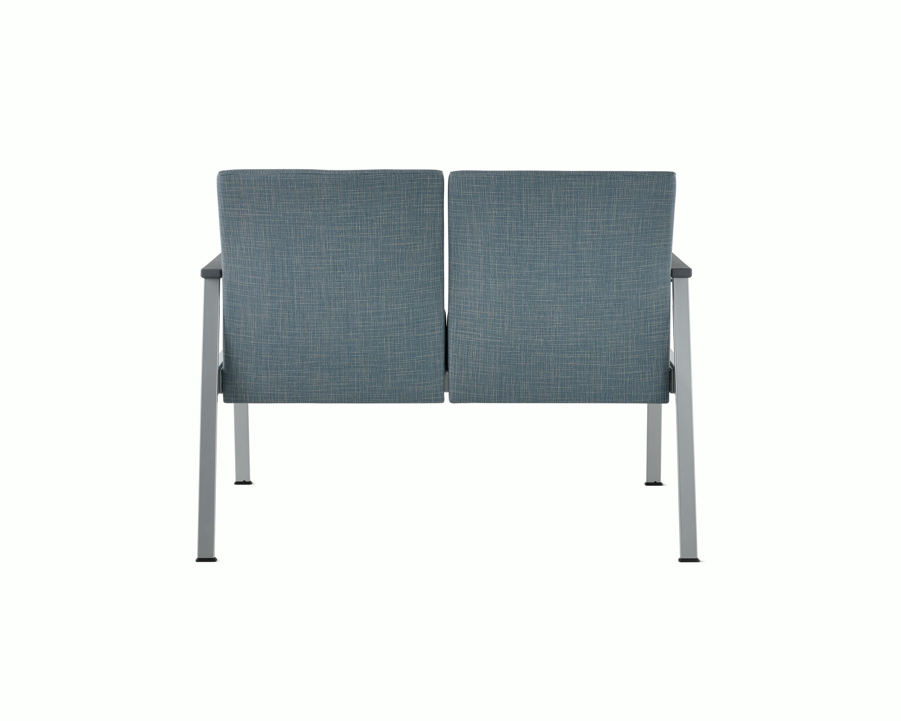 Rear view of Easton Multiple Seating with two seats, blue upholstery, metallic silver frame and grey arm caps.