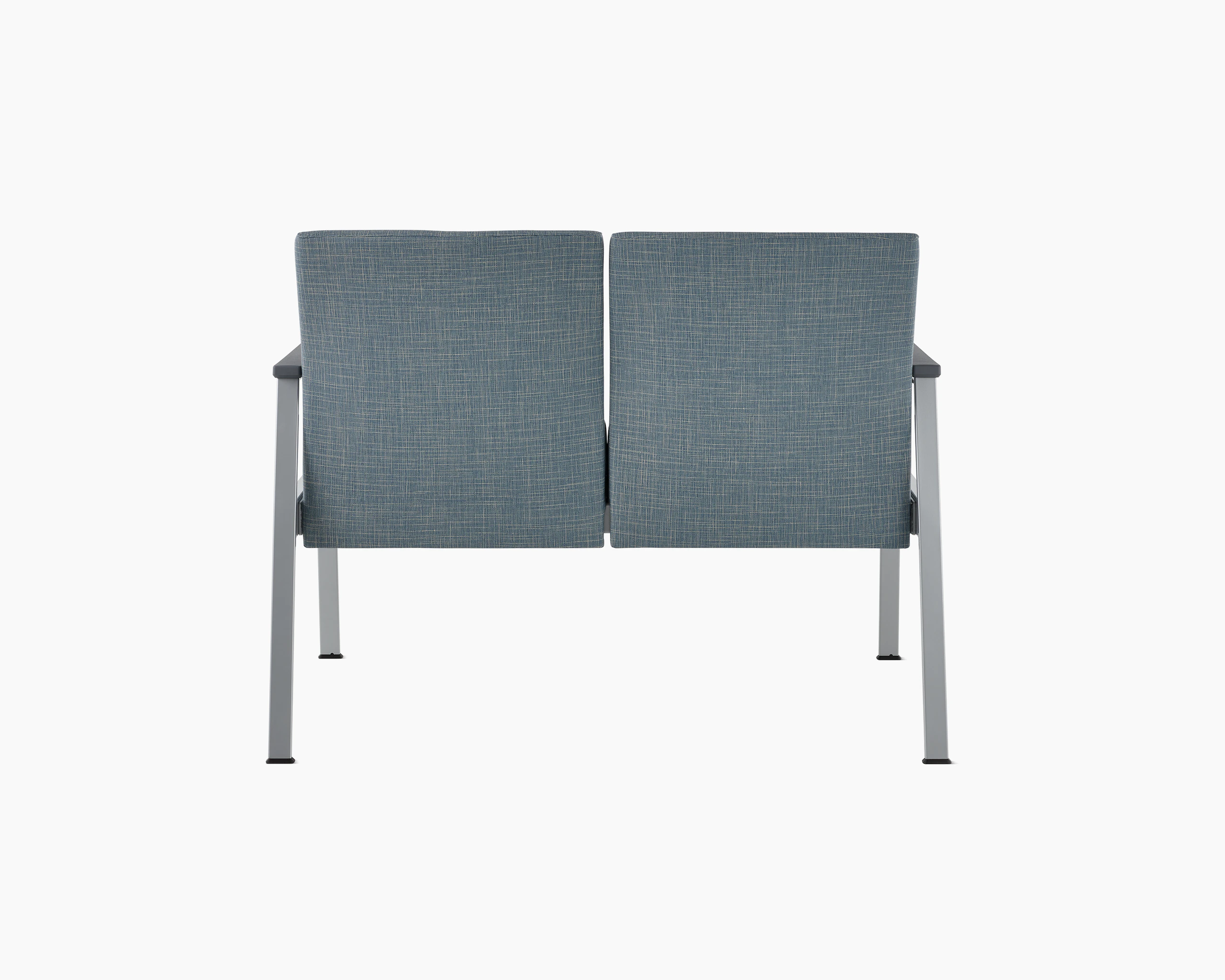 Rear view of Easton Multiple Seating with two seats, blue upholstery, metallic silver frame and grey arm caps.