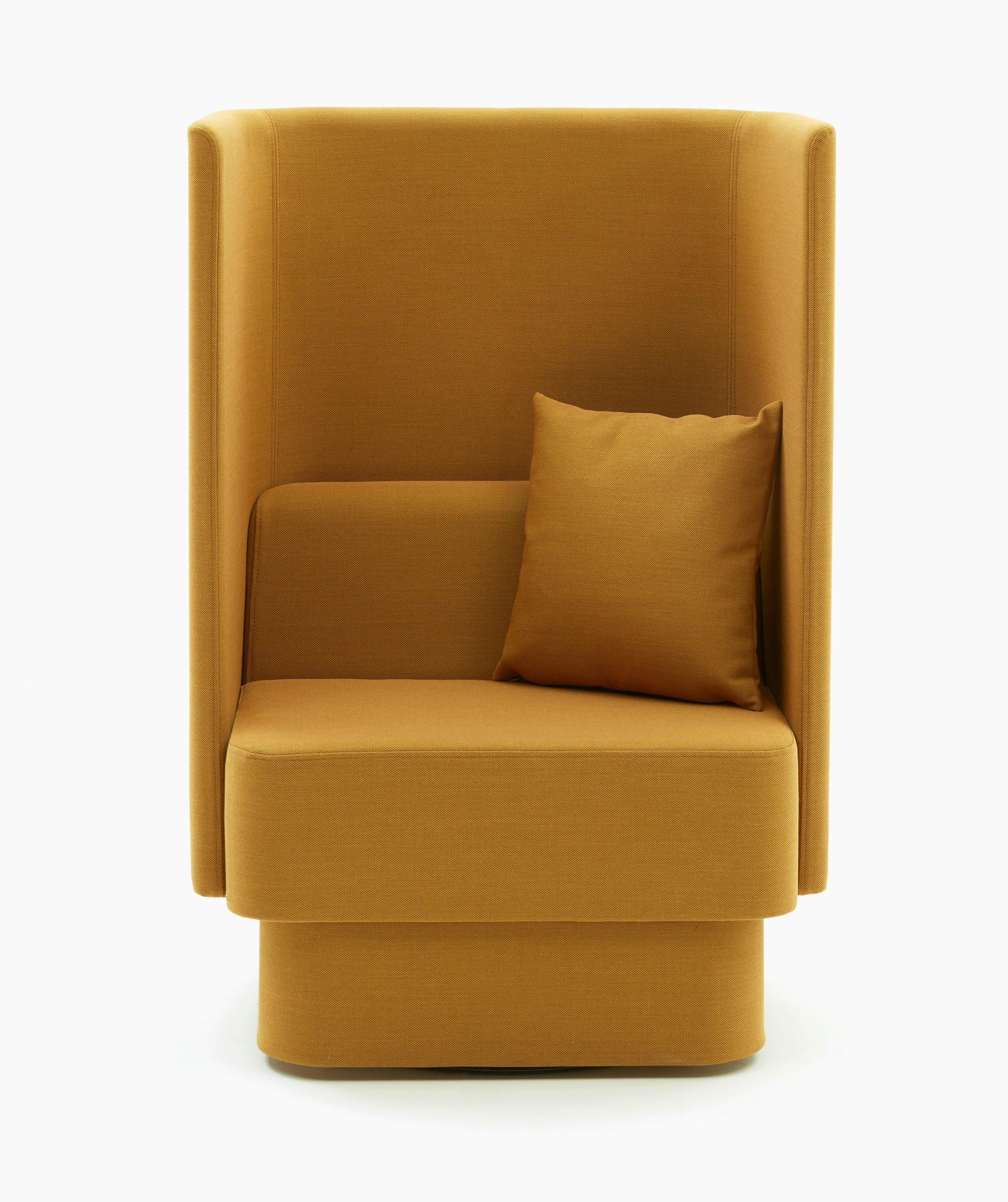 High back Pullman Chair upholstered in yellow fabric with fully upholstered plinth and matching cushion.