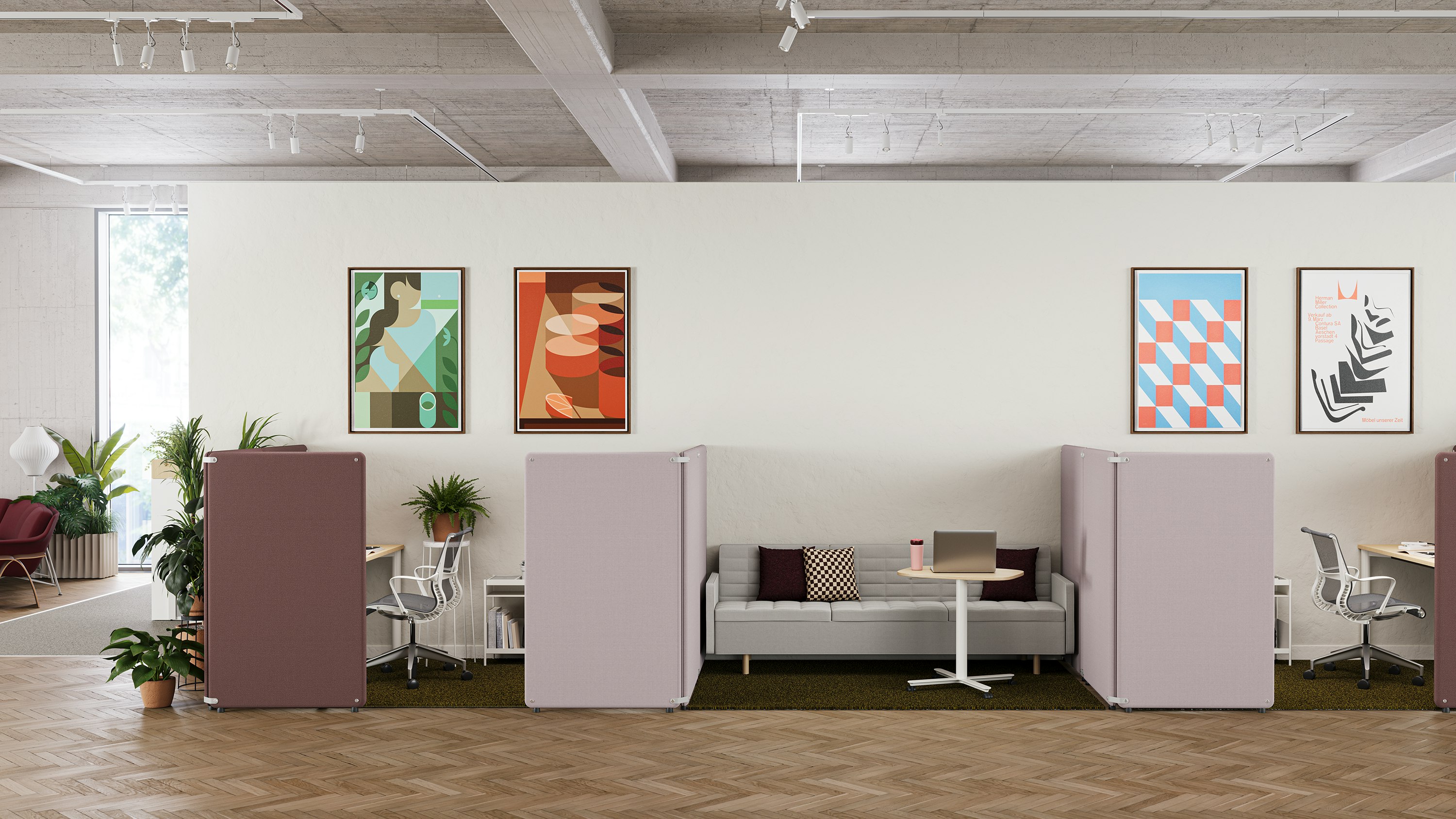 Brown and light gray Bound Freestanding Screens in various applications, including booths and a collaborative setting.