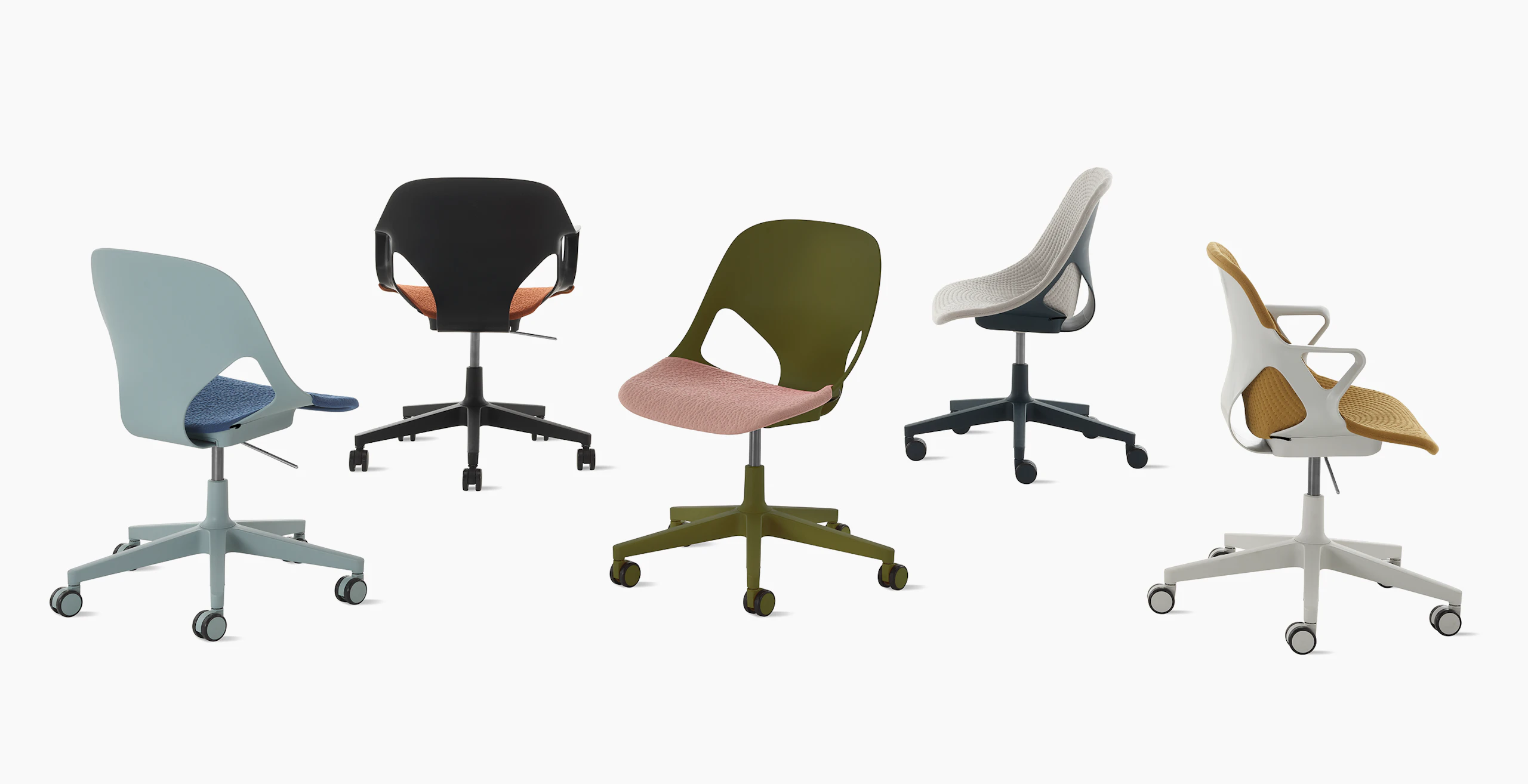Group photo of five Zeph chairs in varying colors and textiles