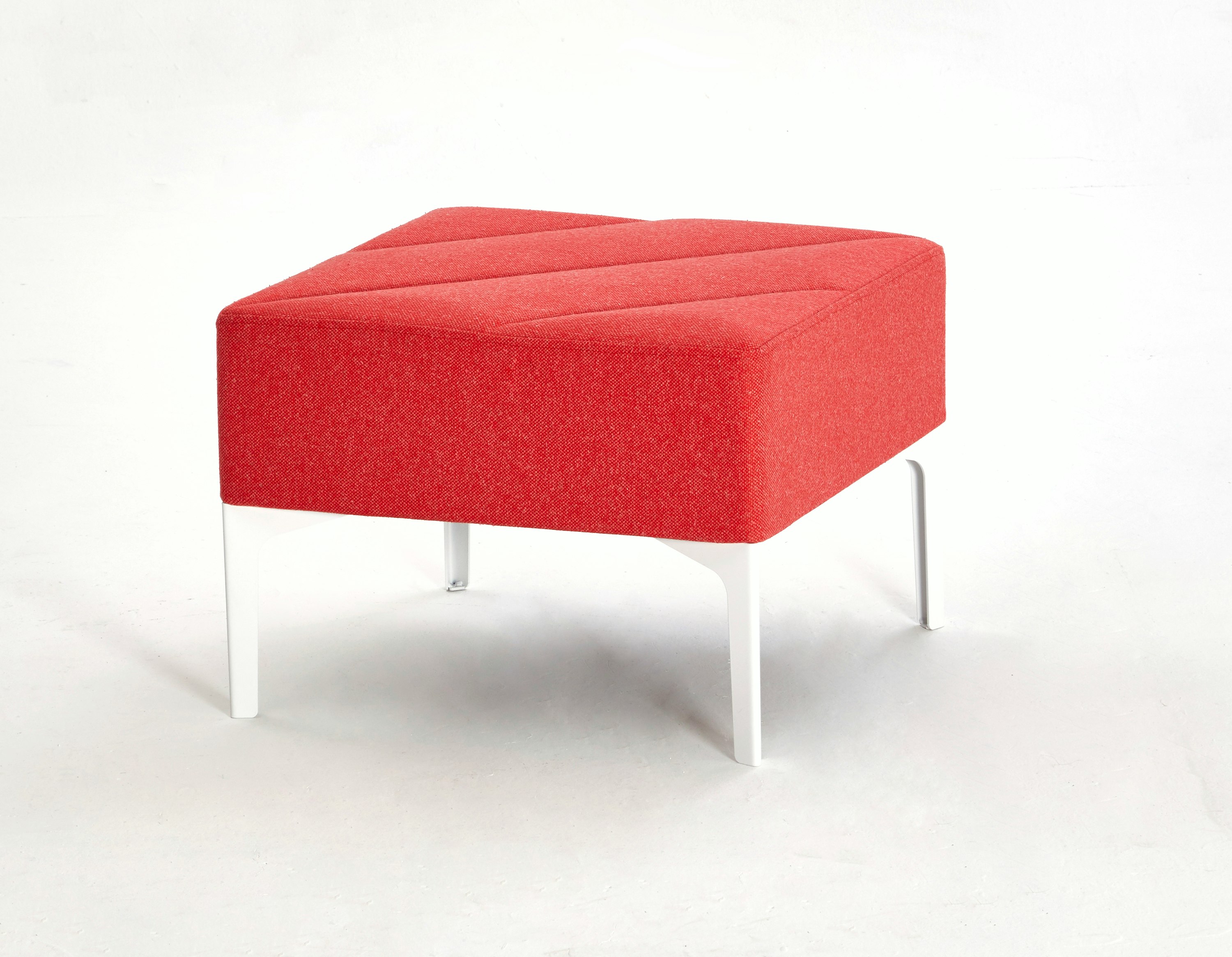 A red single seat Hatch Bench with white legs, viewed at an angle.