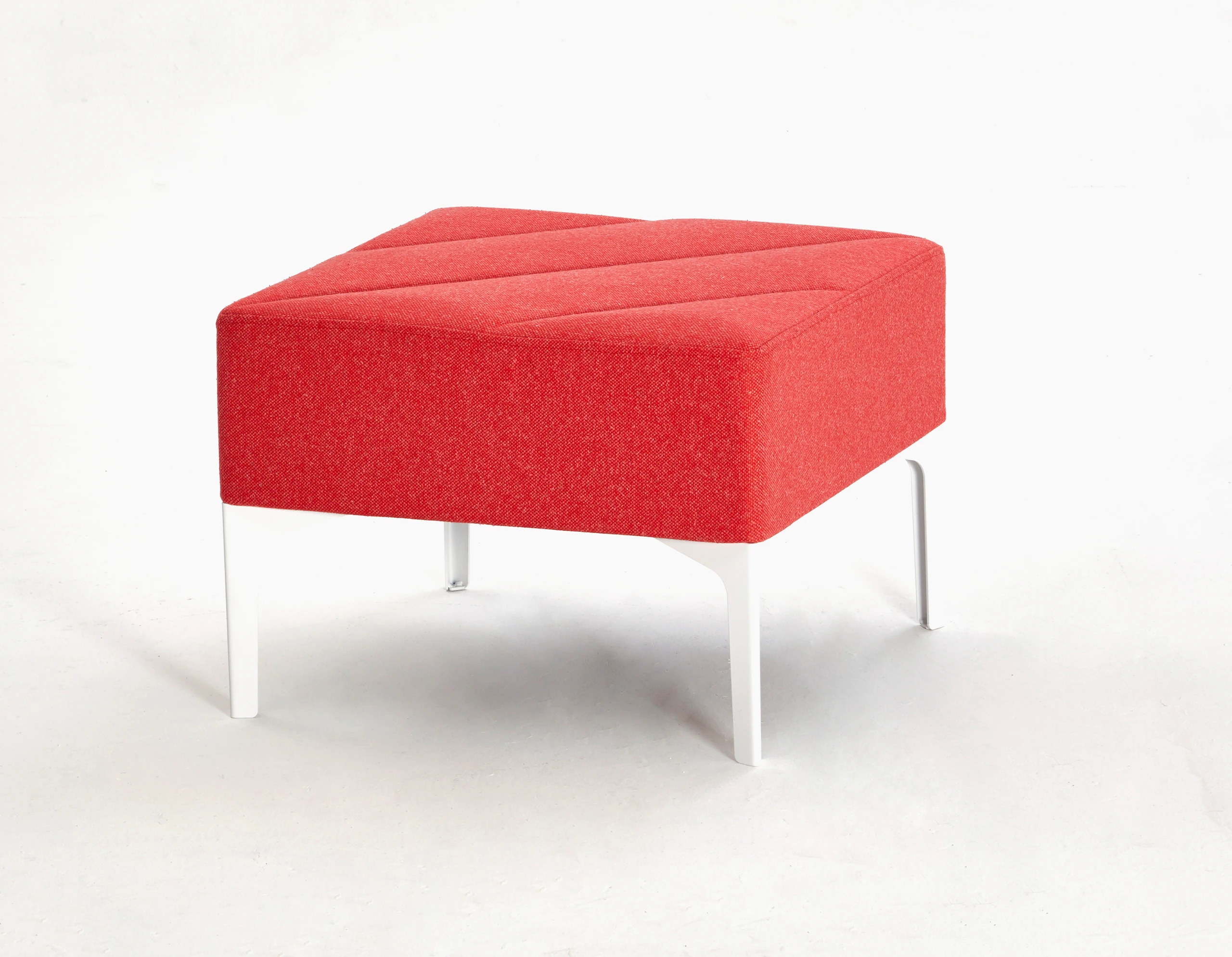A red single seat Hatch Bench with white legs, viewed at an angle.
