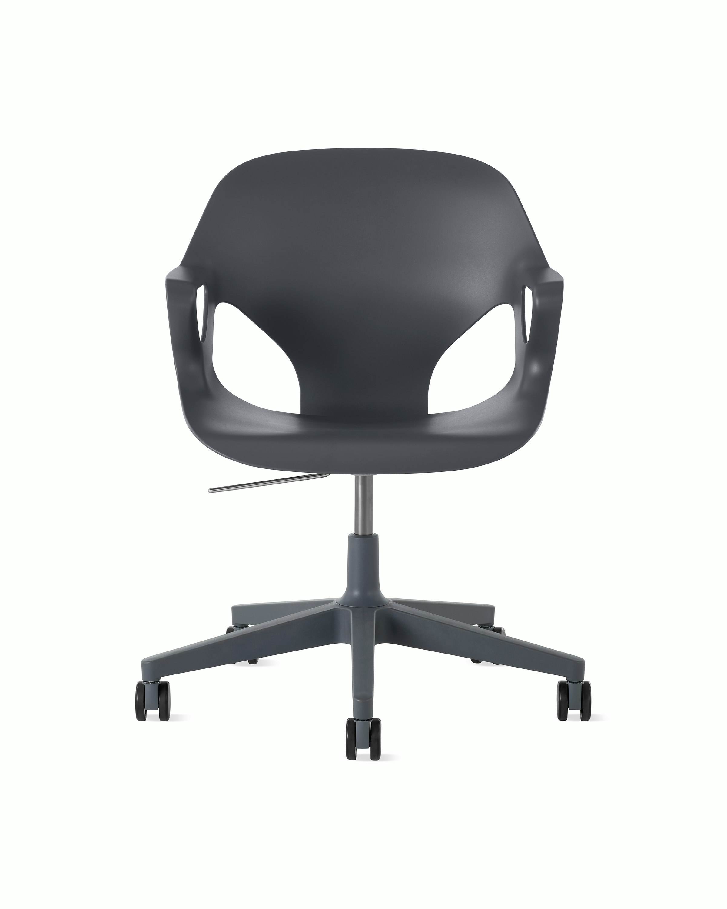 Front view of a Zeph chair with fixed arms in dark grey.