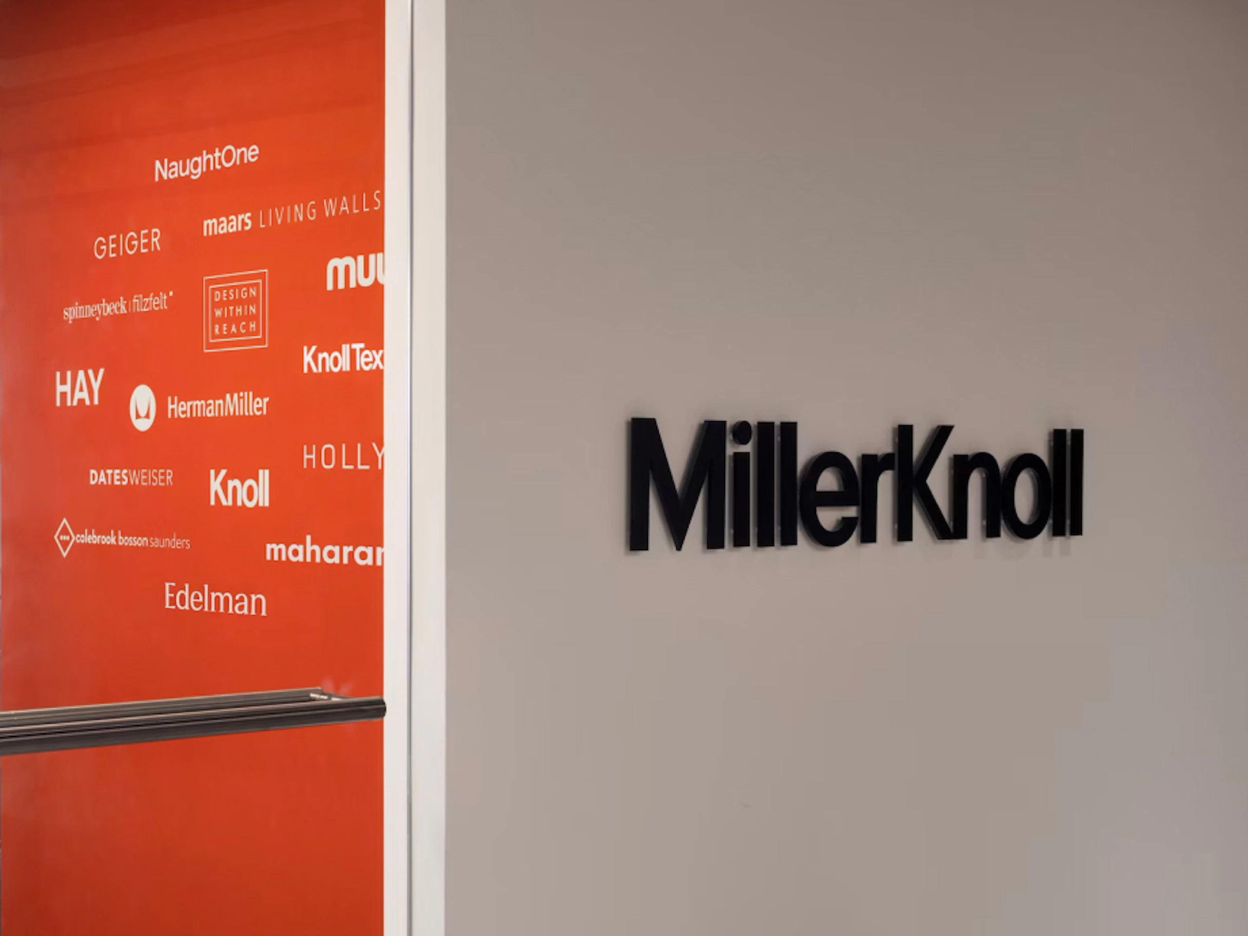 The entrance to MillerKnoll's retail headquarters in Stamford.