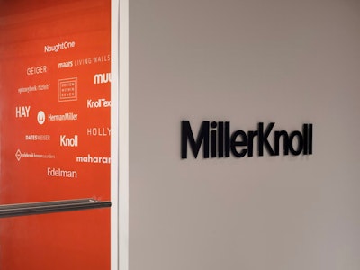 The entrance to MillerKnoll's retail headquarters in Stamford.