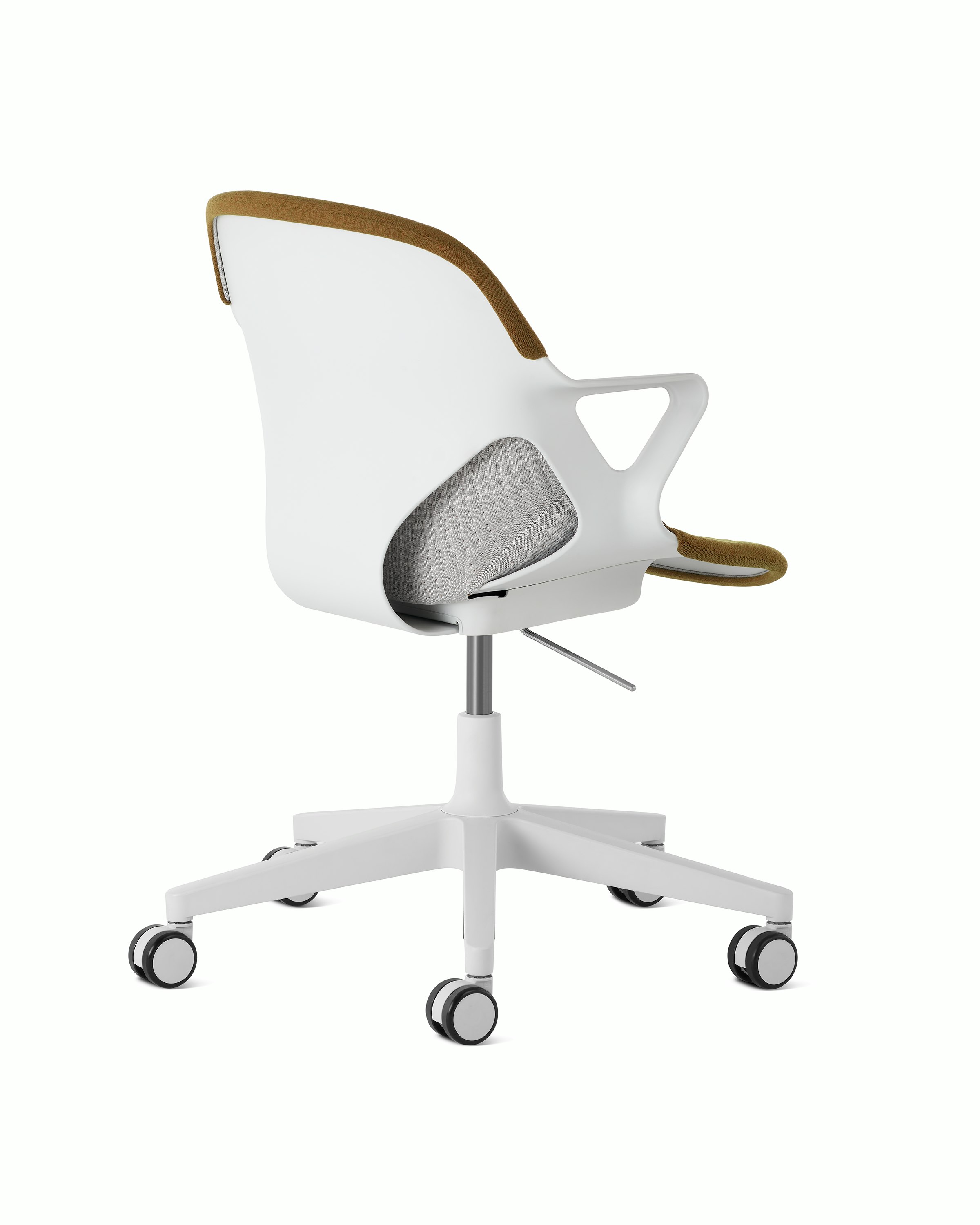 Rear angle view of a Zeph chair with fixed arms in light grey with a light grey brown knit cover.