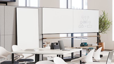 A forum space furnished with Herman Miller OE1 Agile Walls and Fuld Nesting Chairs used to adapt spaces to help support flexibility in a community setting