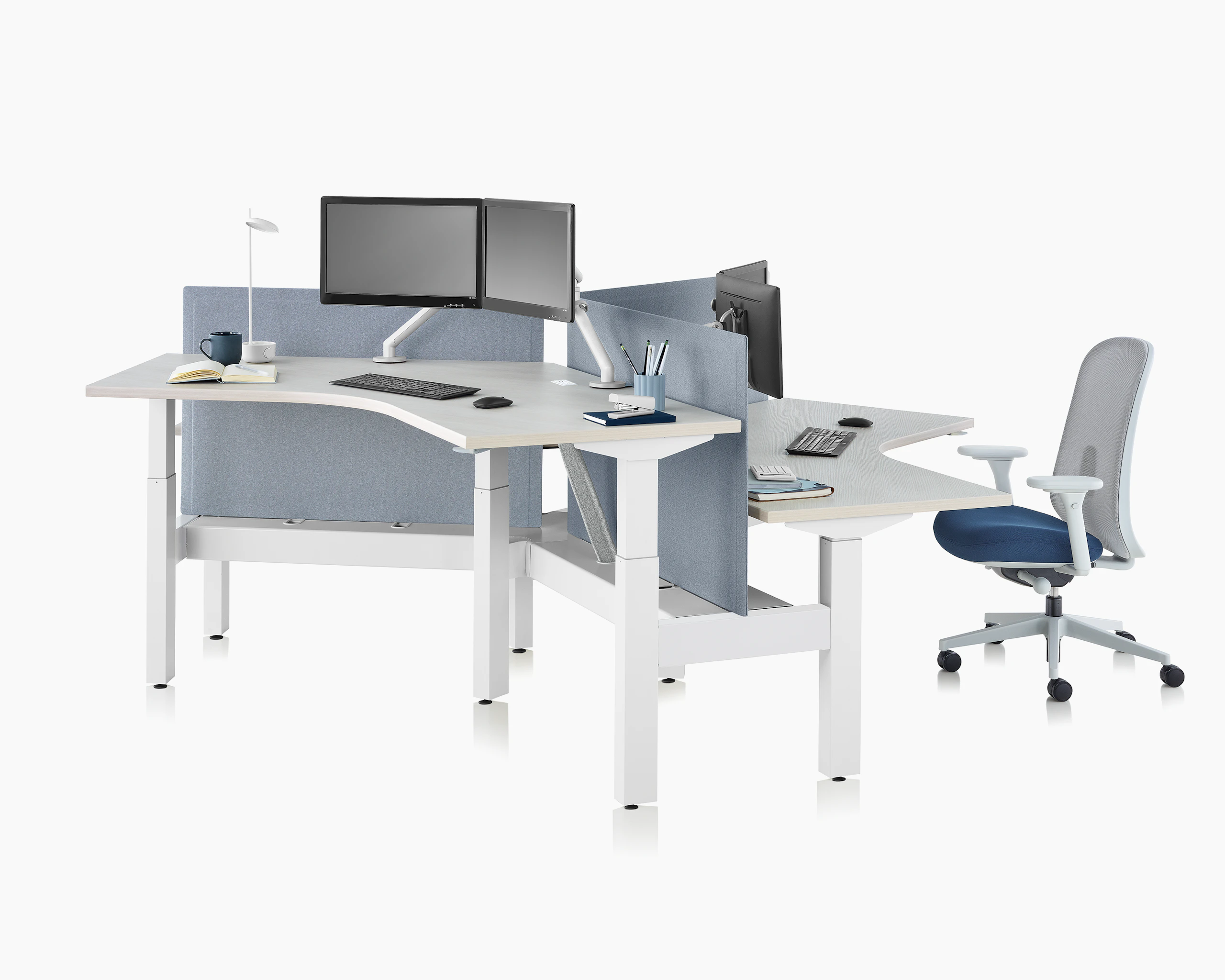 Standing desk system, Nevi Link, with 120-degree work surfaces, Lino Chairs, and screens. One of the three desks is raised at a standing height.