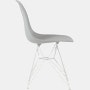 Side of light grey plastic shell chair on wire base.