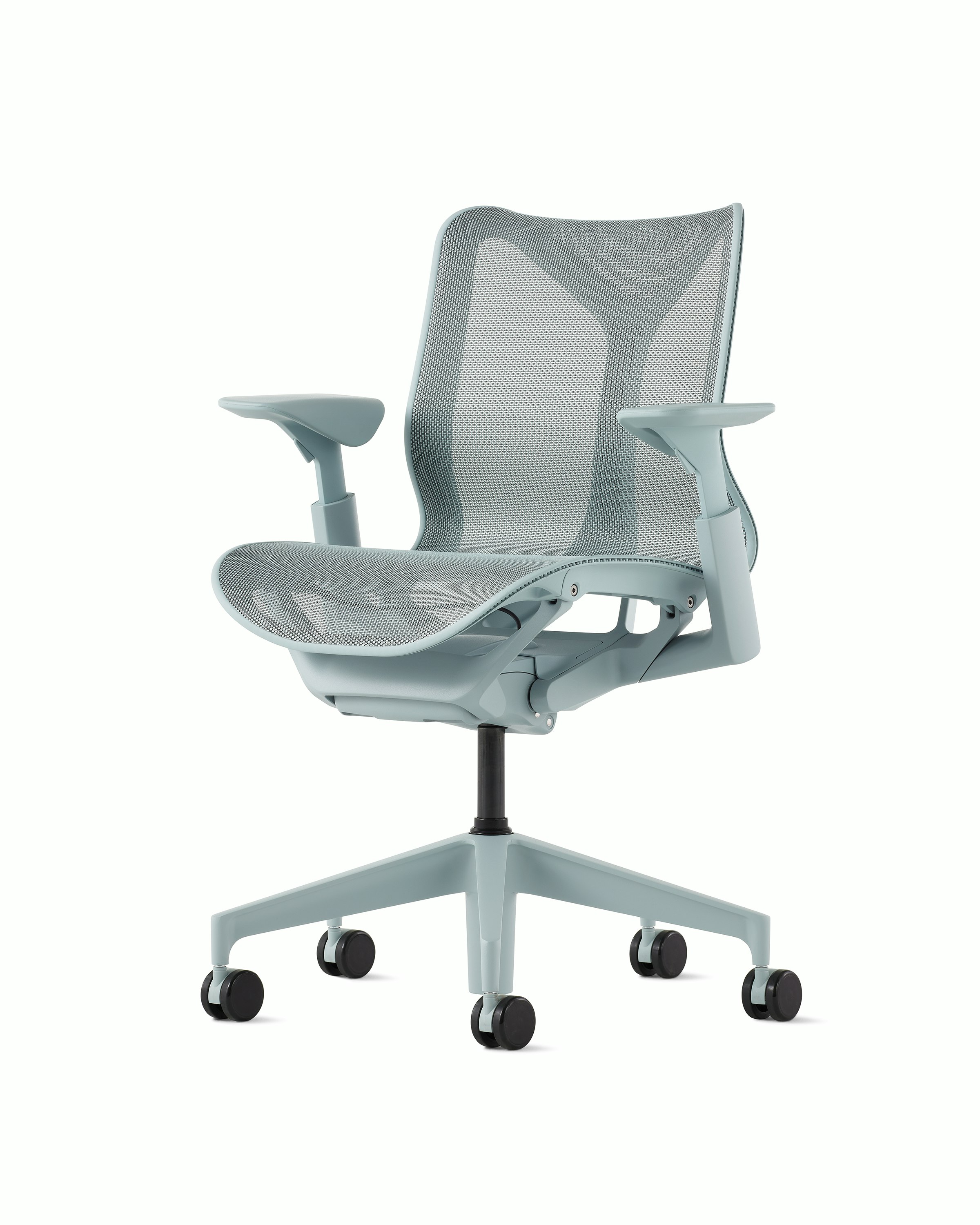 A glacier low-back Cosm Chair with height adjustable arms.