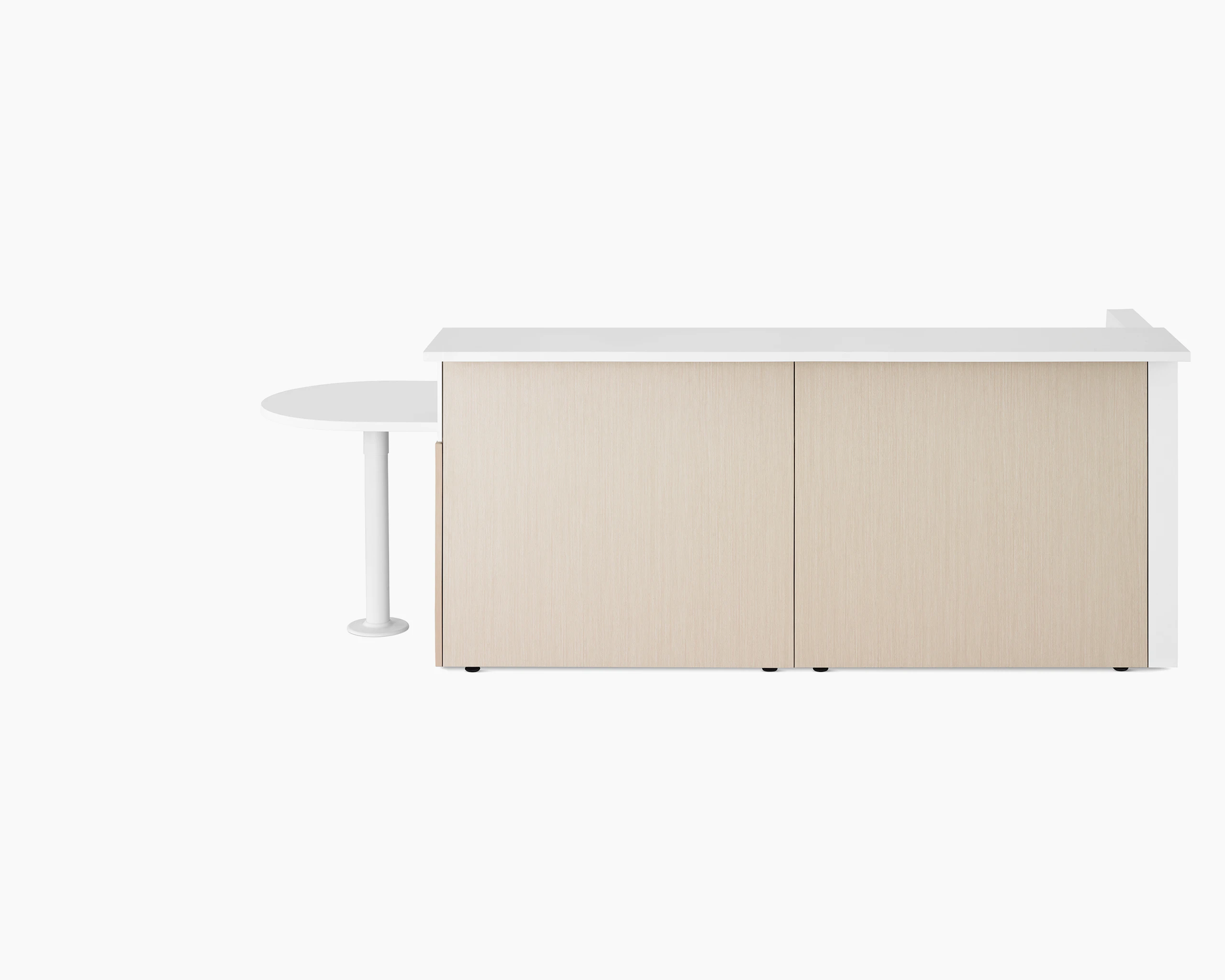 Ethospace Nurses Station in a light wood finish with transaction surface and ADA peninsula surface in white.