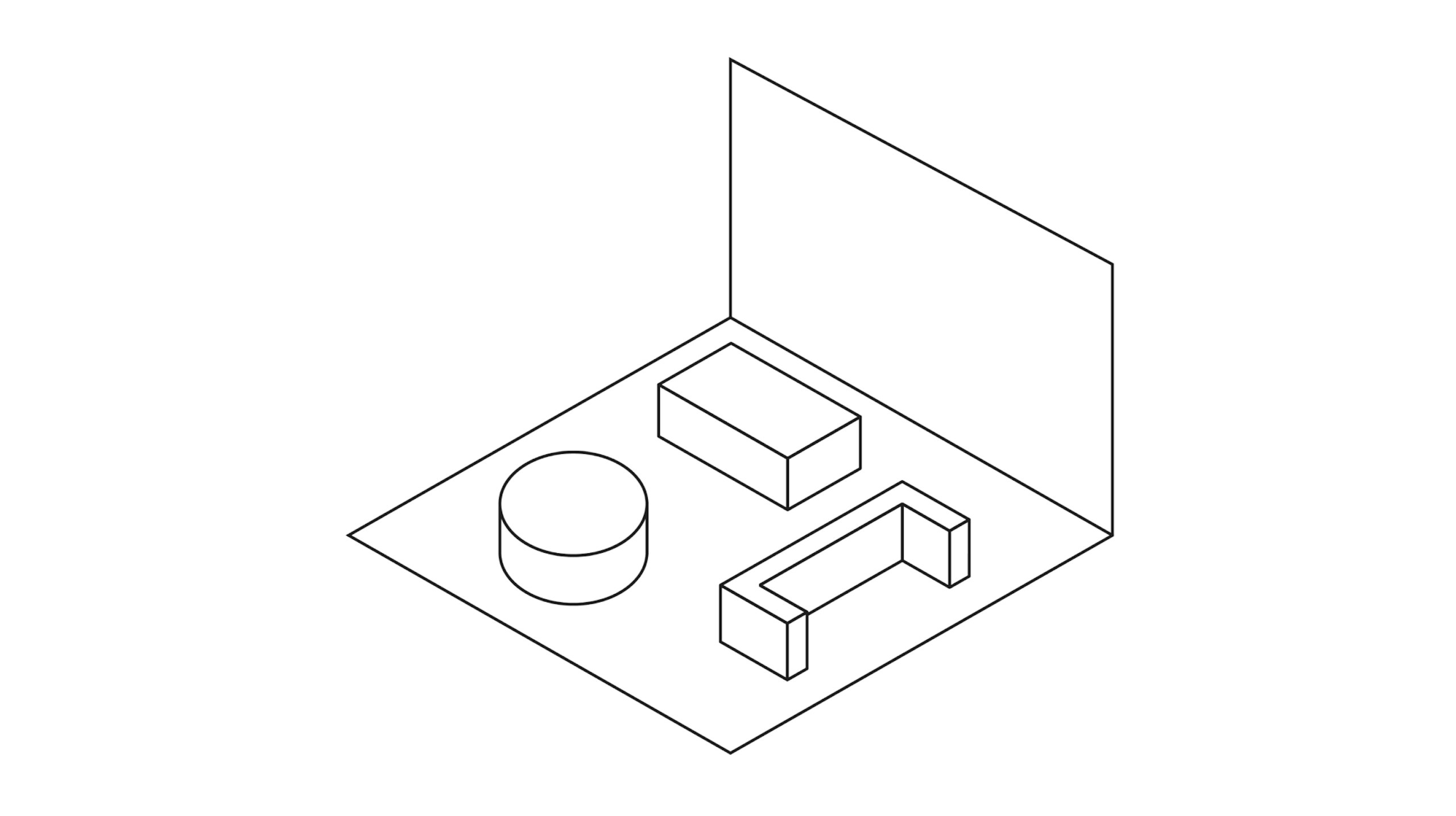 A white illustration representing a space with a variety of settings