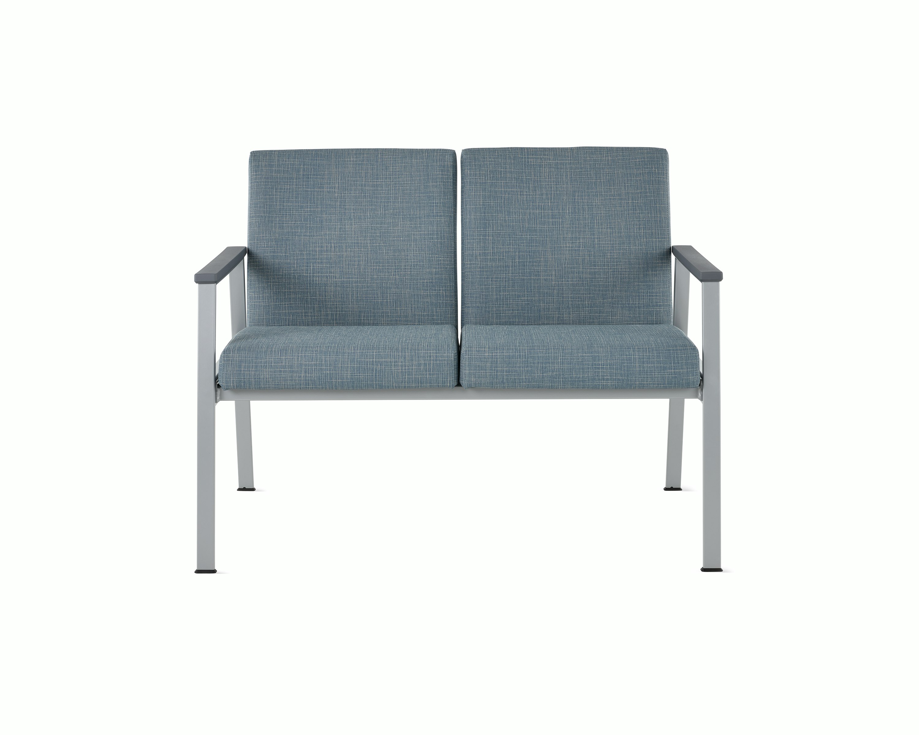 Front view of Easton Multiple Seating with two seats, blue upholstery, metallic silver frame and grey arm caps.