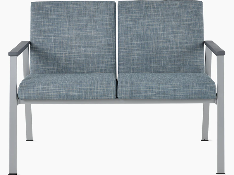 Front view of Easton Multiple Seating with two seats, blue upholstery, metallic silver frame and grey arm caps.