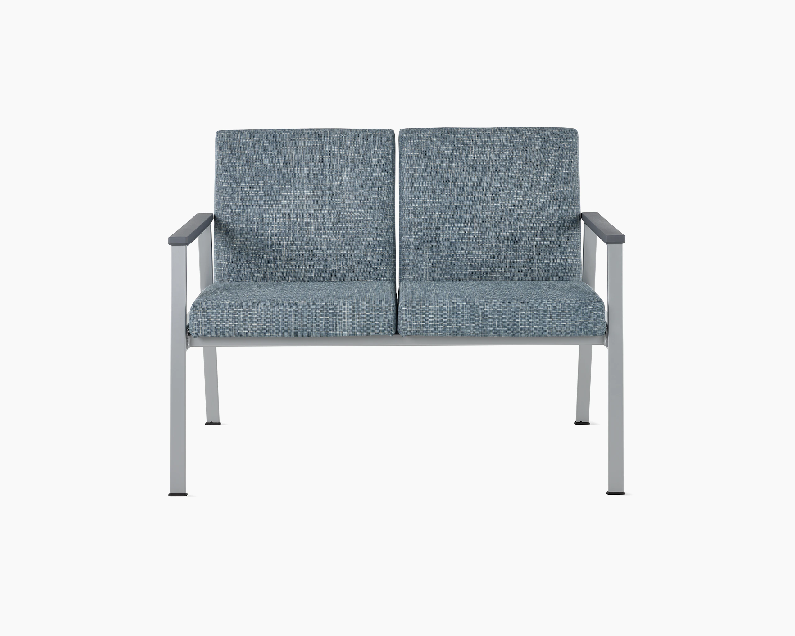 Front view of Easton Multiple Seating with two seats, blue upholstery, metallic silver frame and grey arm caps.