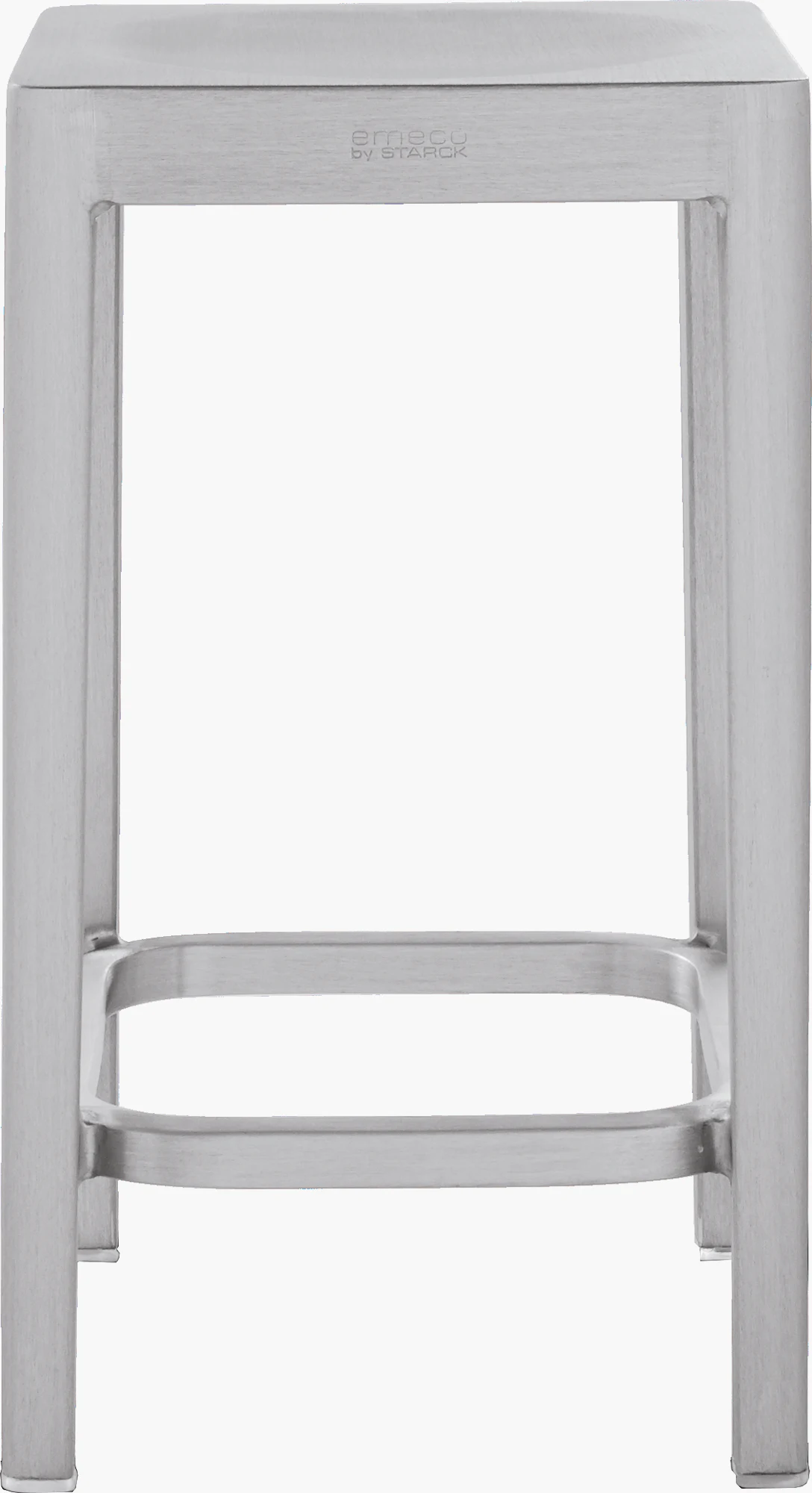 Emeco stool front view showing 'Emeco by Starck' marking