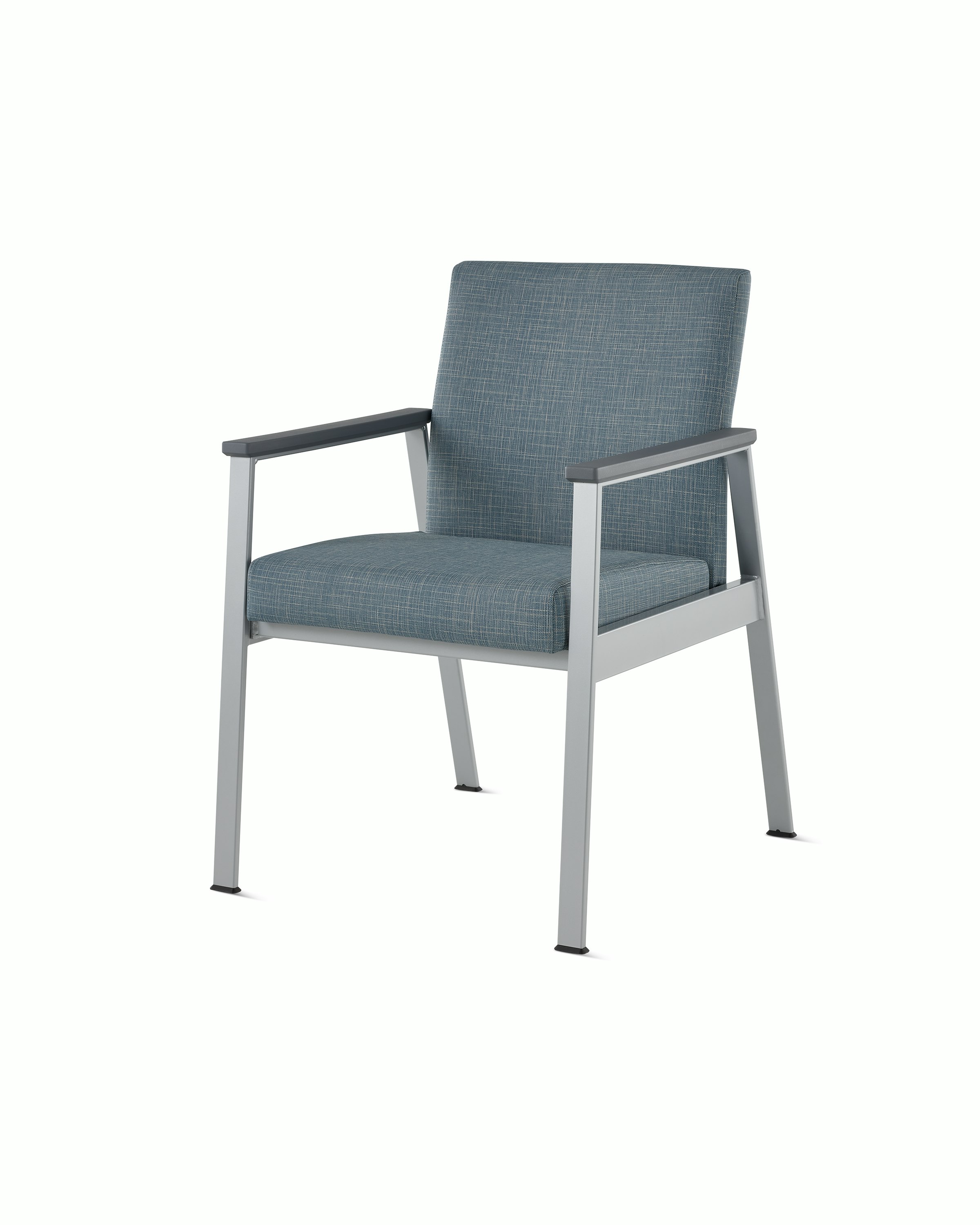 Front angle view of an Easton Side Chair with blue upholstery, metallic silver four leg base and slate grey arm caps.