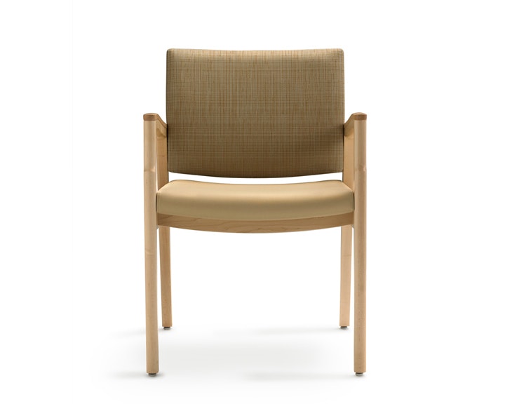 A Monarch Multiple Chair in tan textile with solid hardwood frame and wood arm caps.