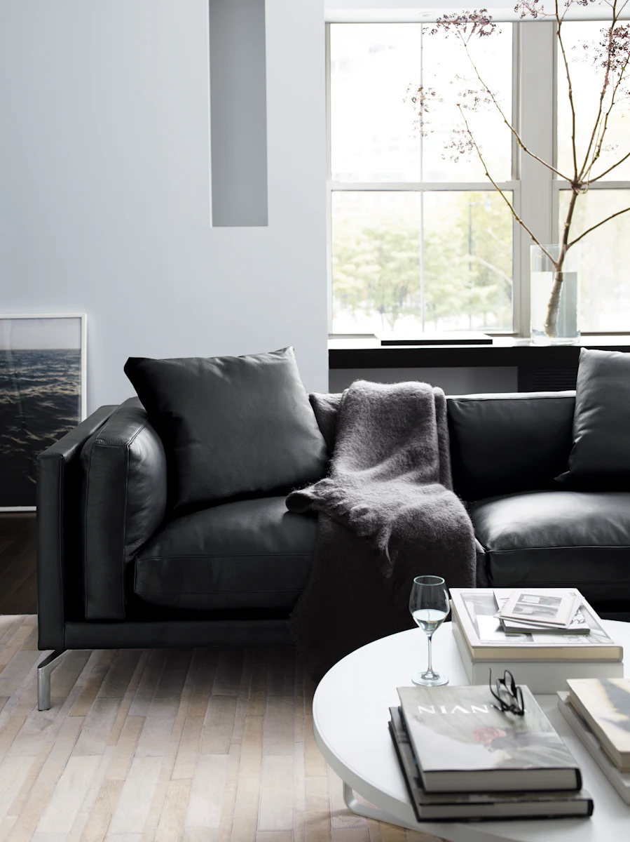 Dark gray sofa with cushions and coffee table with magazines