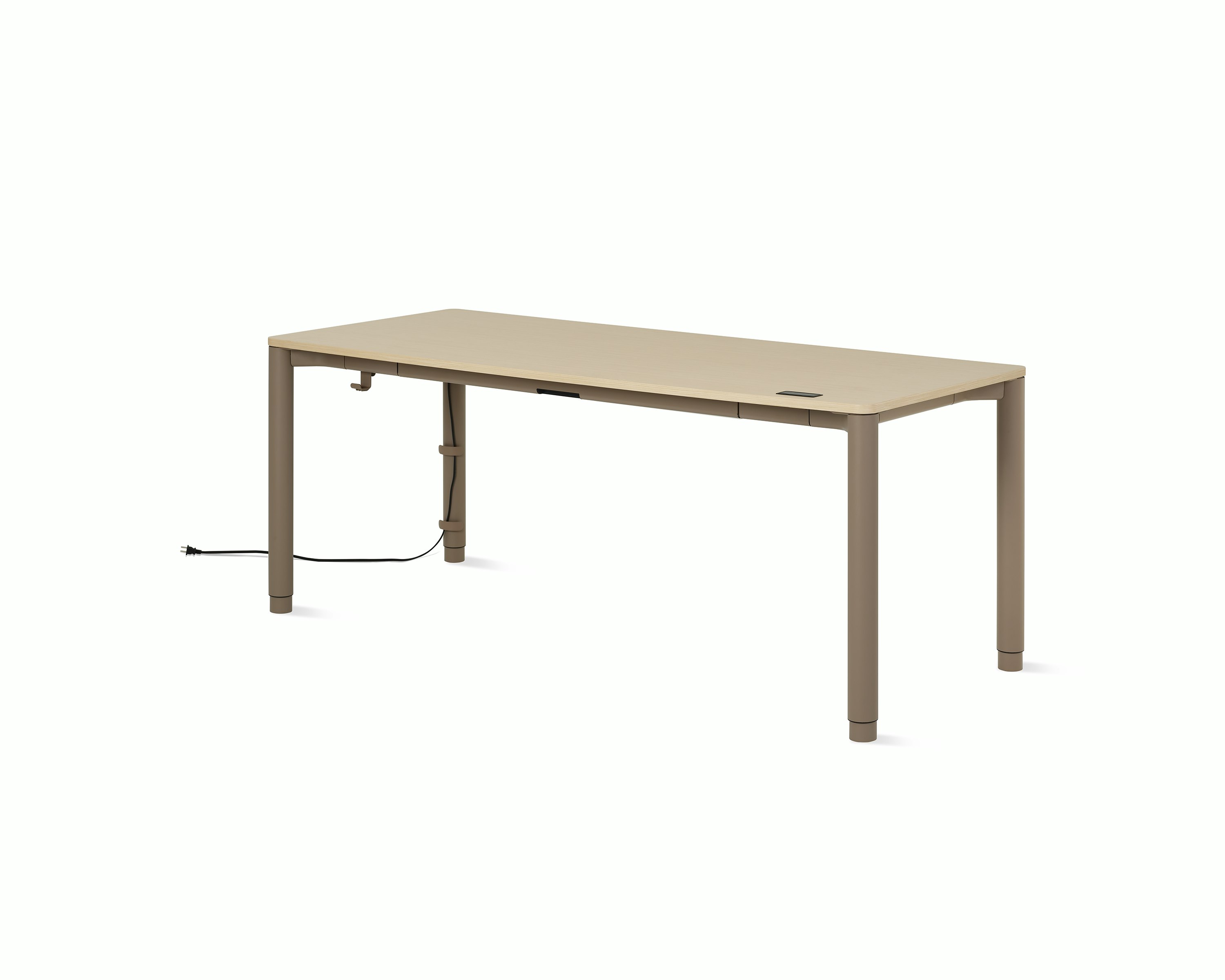 Angle view of a four leg height-adjustable  table shown with a light woodgrain surface and light brown legs.