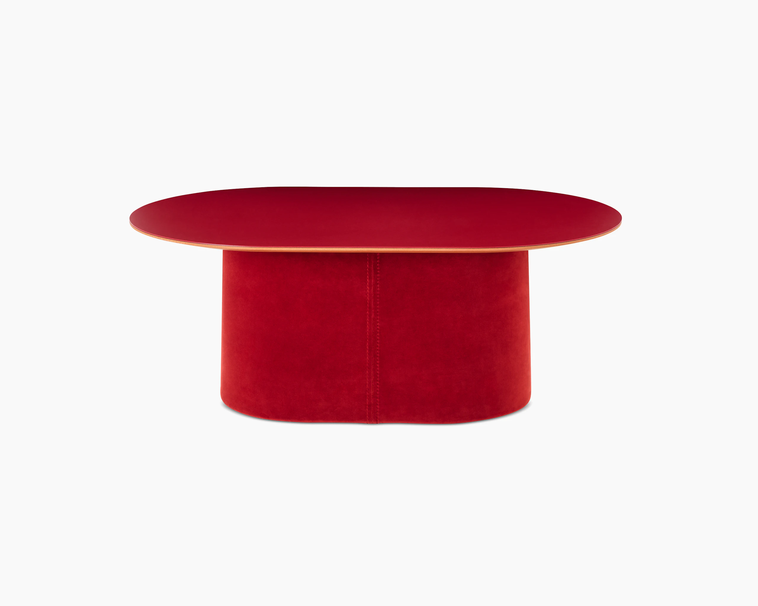 White sweep shot of Tun Coffee Table with deep red upholstered base and red Forbo table top.