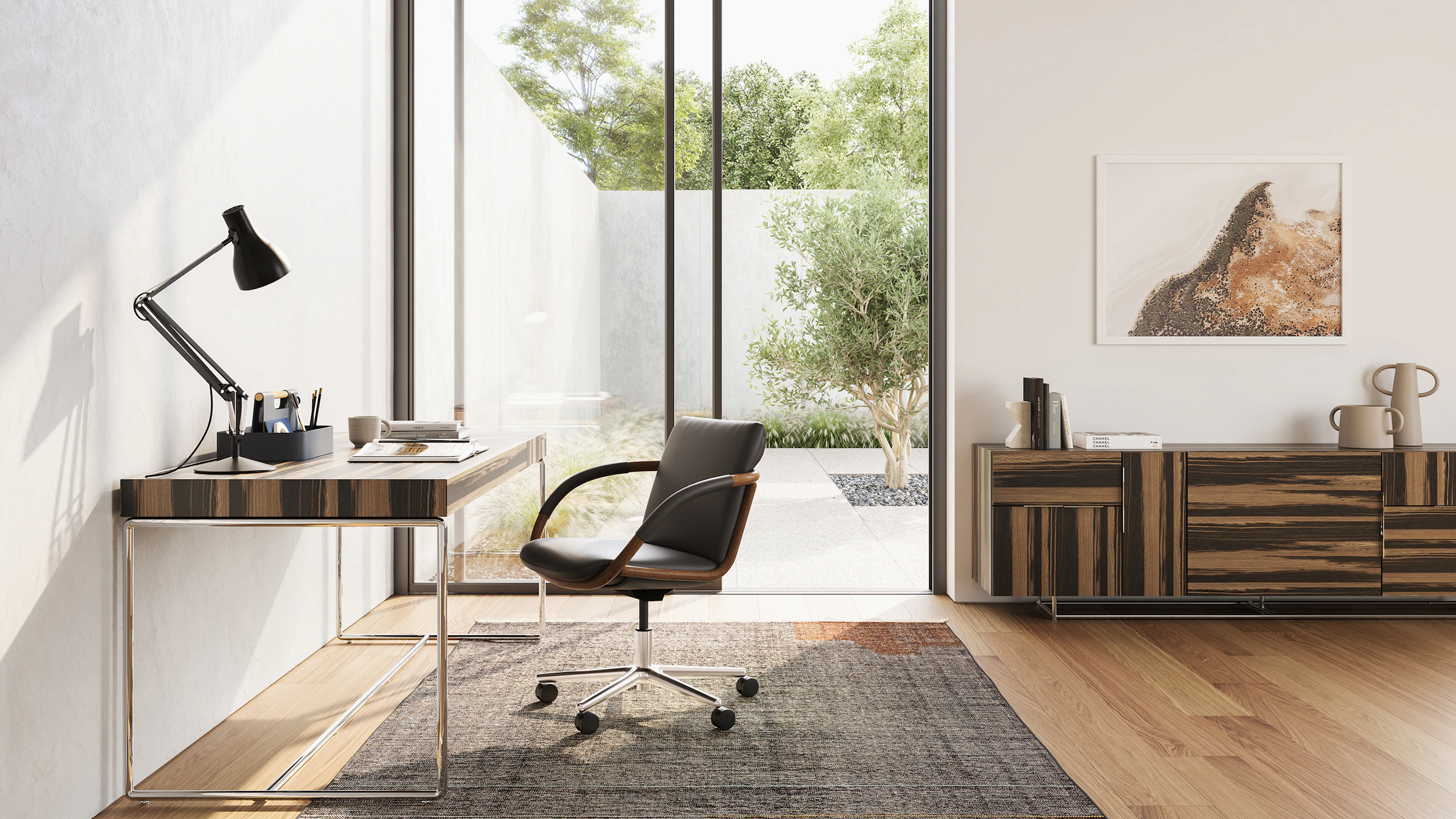 Full Loop Office Chair with a Domino Desk and Credenza in a home office setting.