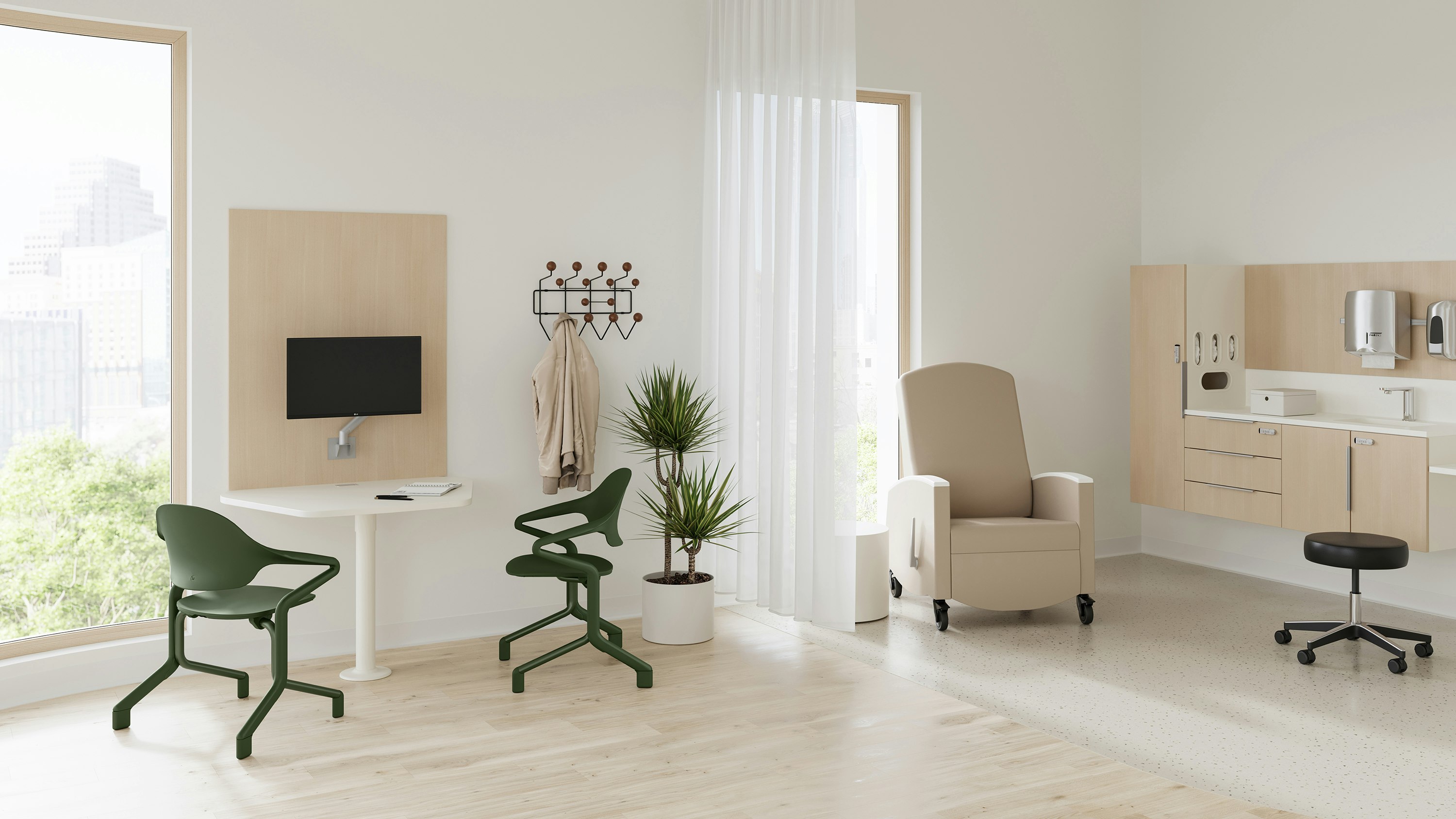 An exam room setting with a Mora peninsula located between two Fuld chairs in olive with glides, and Mora System caseworks in a clear on ash finish with a physician stool and a Sahara recliner.